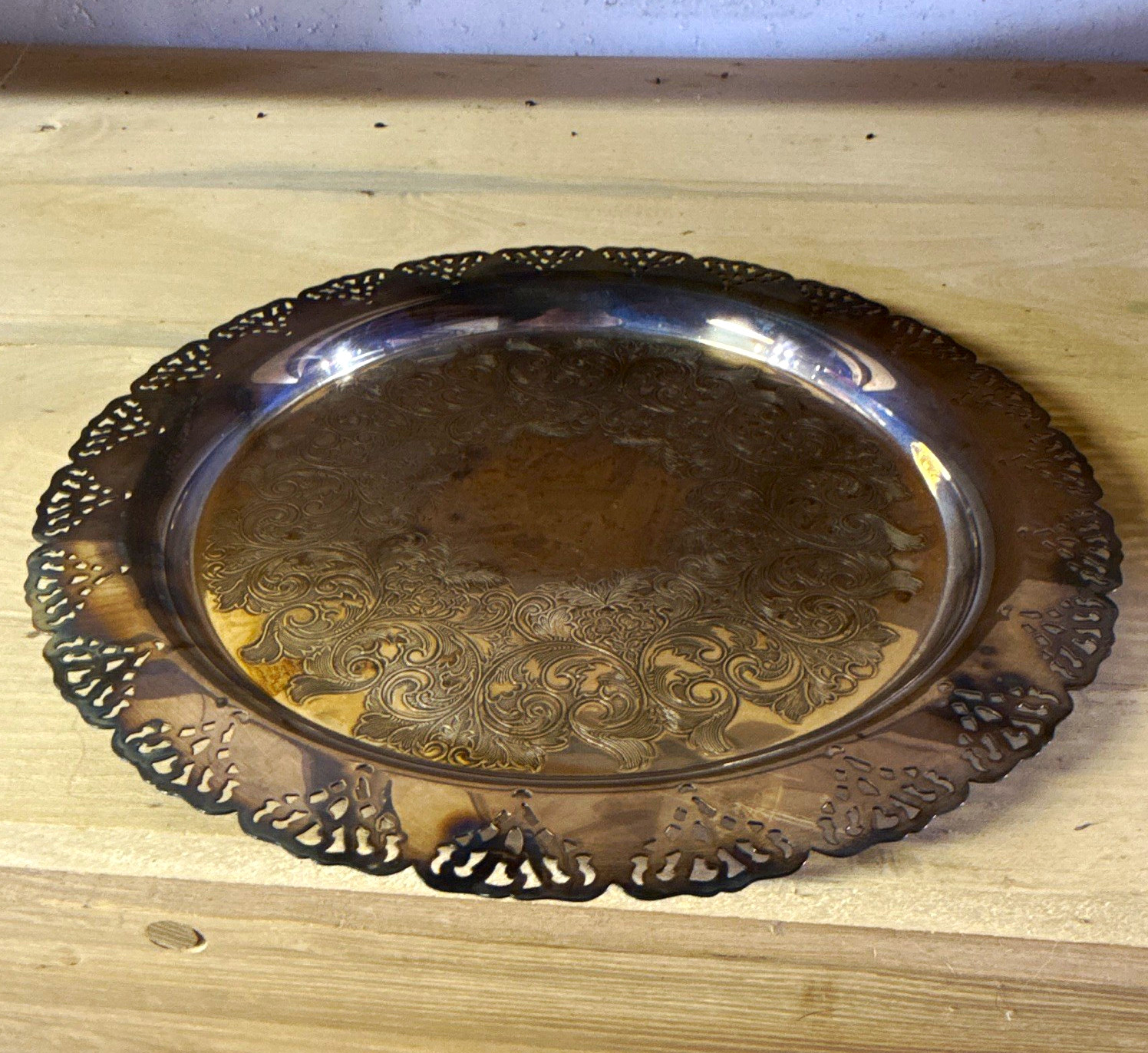 Silver Plate Round Serving Tray Platter with Ornate Pierced Rim
