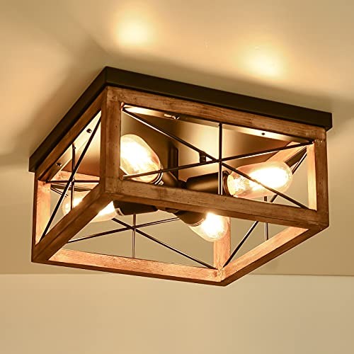 Wooden Flush Mount Ceiling Lights, 4-Light Farmhouse Close to Ceiling Brown