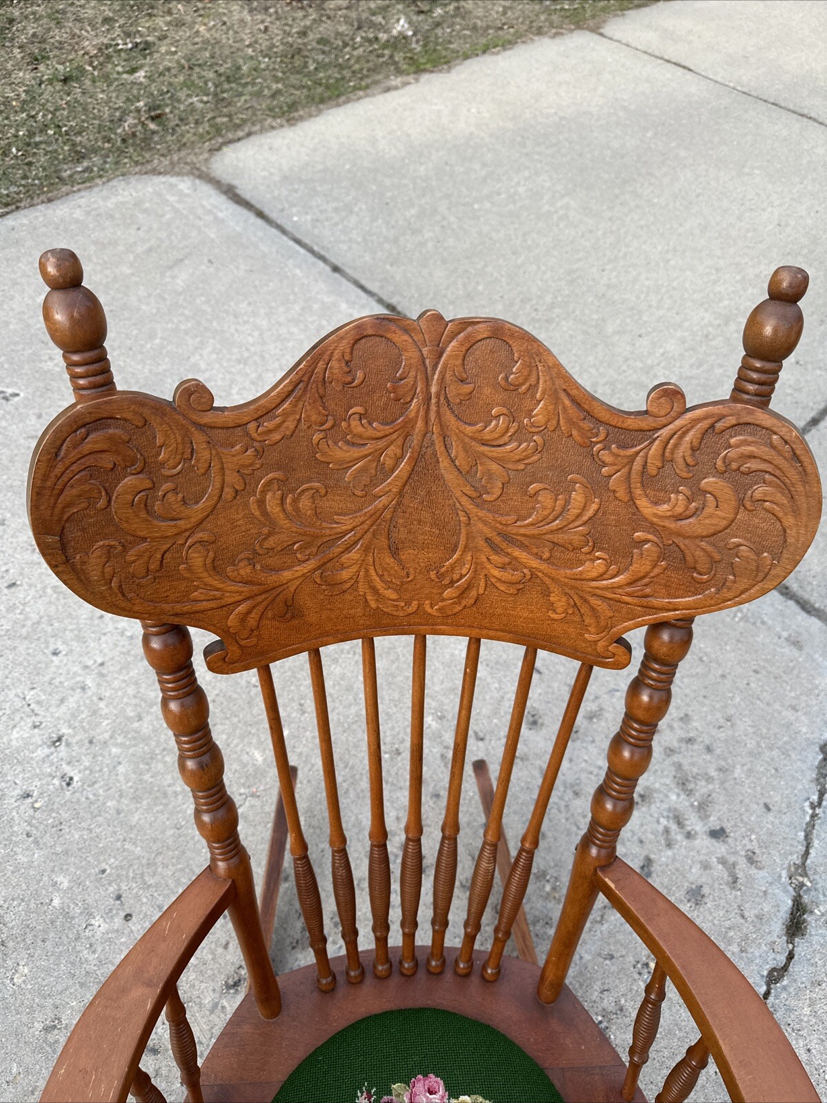 Vintage Victorian Rustic Maple Wood Spindle Back Needlepoint Seat Rocking Chair