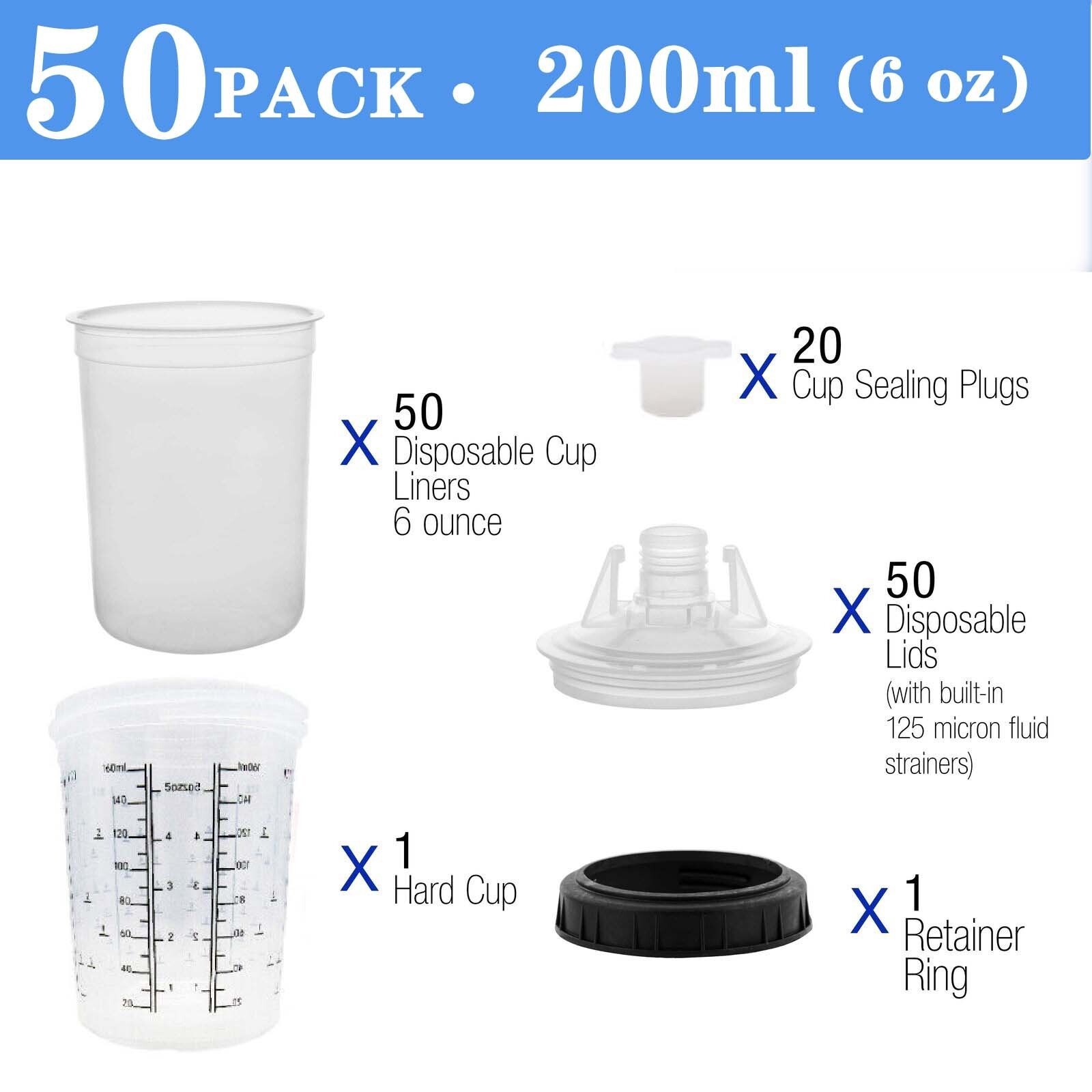 50Pack CUPS Disposable Paint Spray Gun Cup Liners and Lid System (190 Micron)