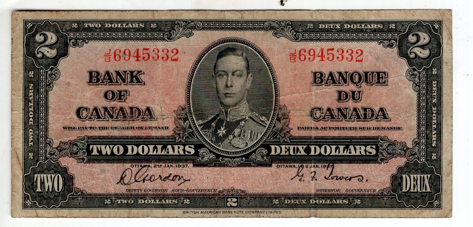 Bank of Canada 1937 $2 Two Dollars Gordon-Towers J/B Prefix Fine