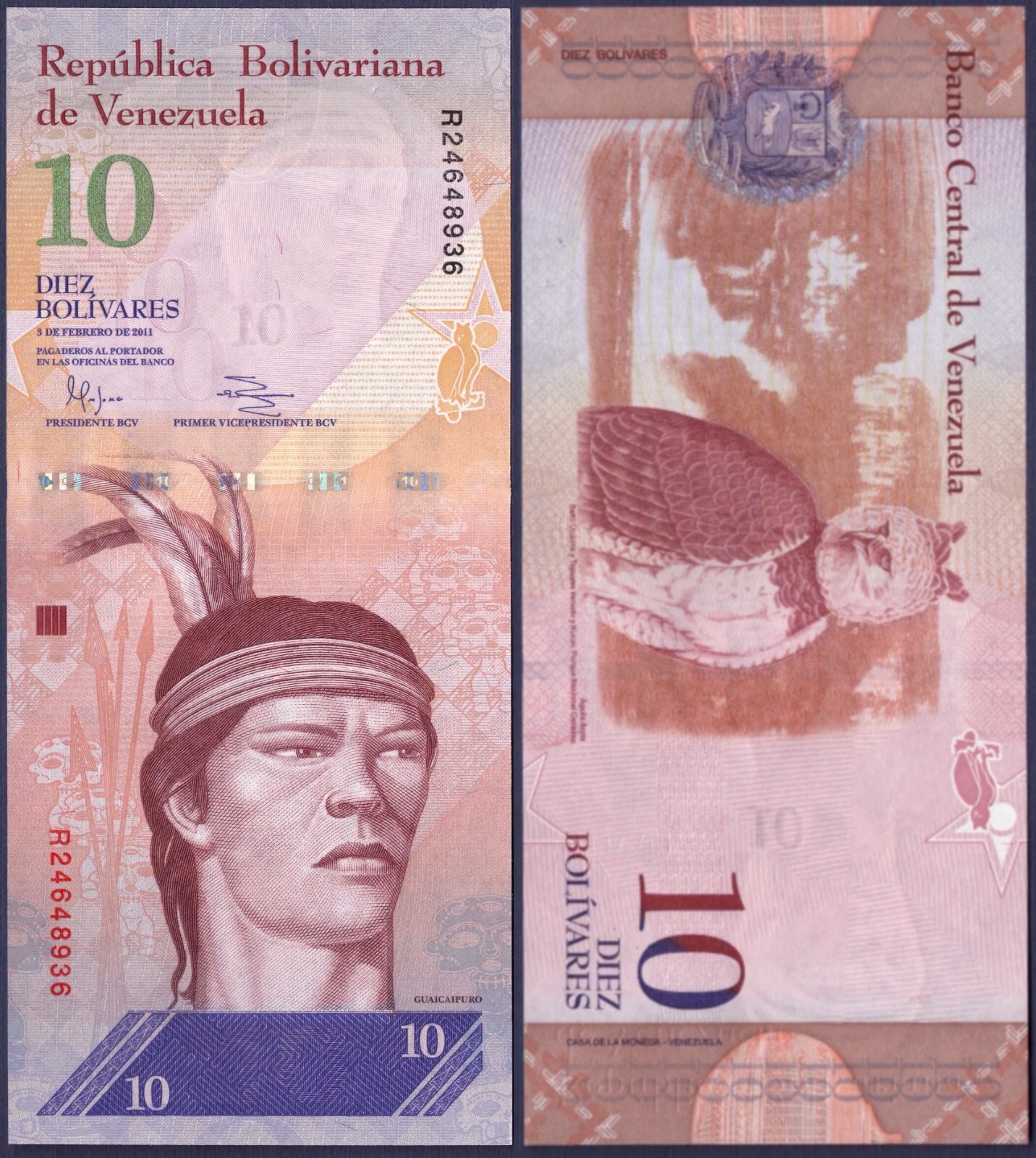 VENEZUELA P90* 10 BOLÍVAR* PREFIX "R"* ND 03/02/2011* UNC GEM* USA SELLER