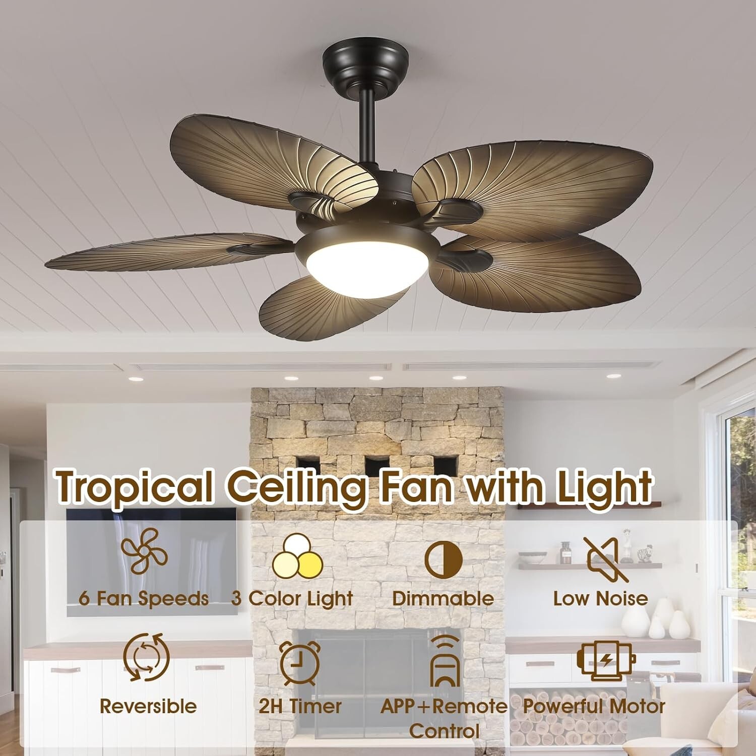 44" Tropical Palm Leaf Ceiling Fan with LED Lights Remote/APP Control