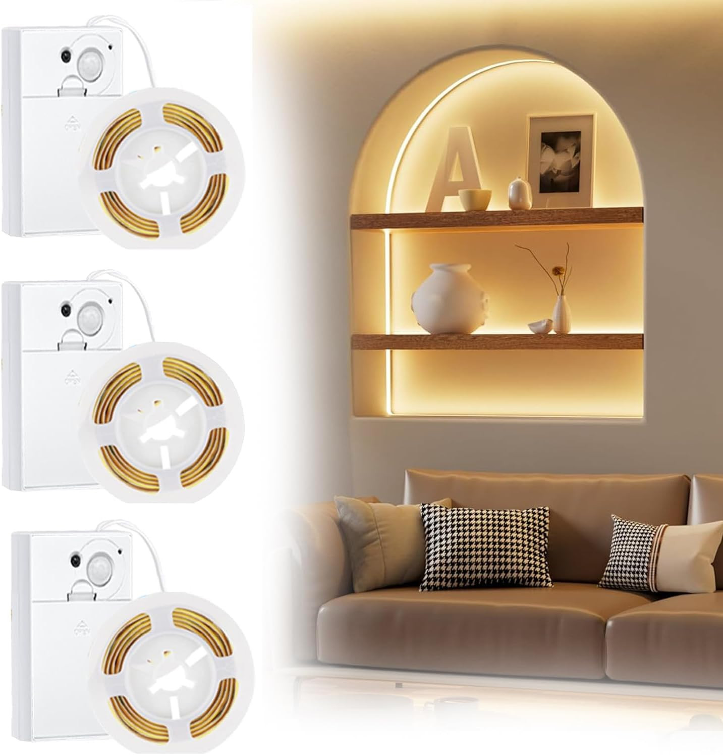 Battery Operated Motion Sensor Cabinet Strip Lights, 3 Pack 4.92FT 3000K Counter