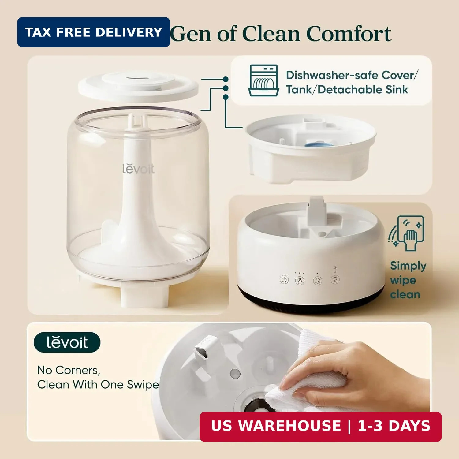 LEVOIT Humidifiers for Bedroom, 4.2L Top Fill for Large Room with 42H Runtime, D