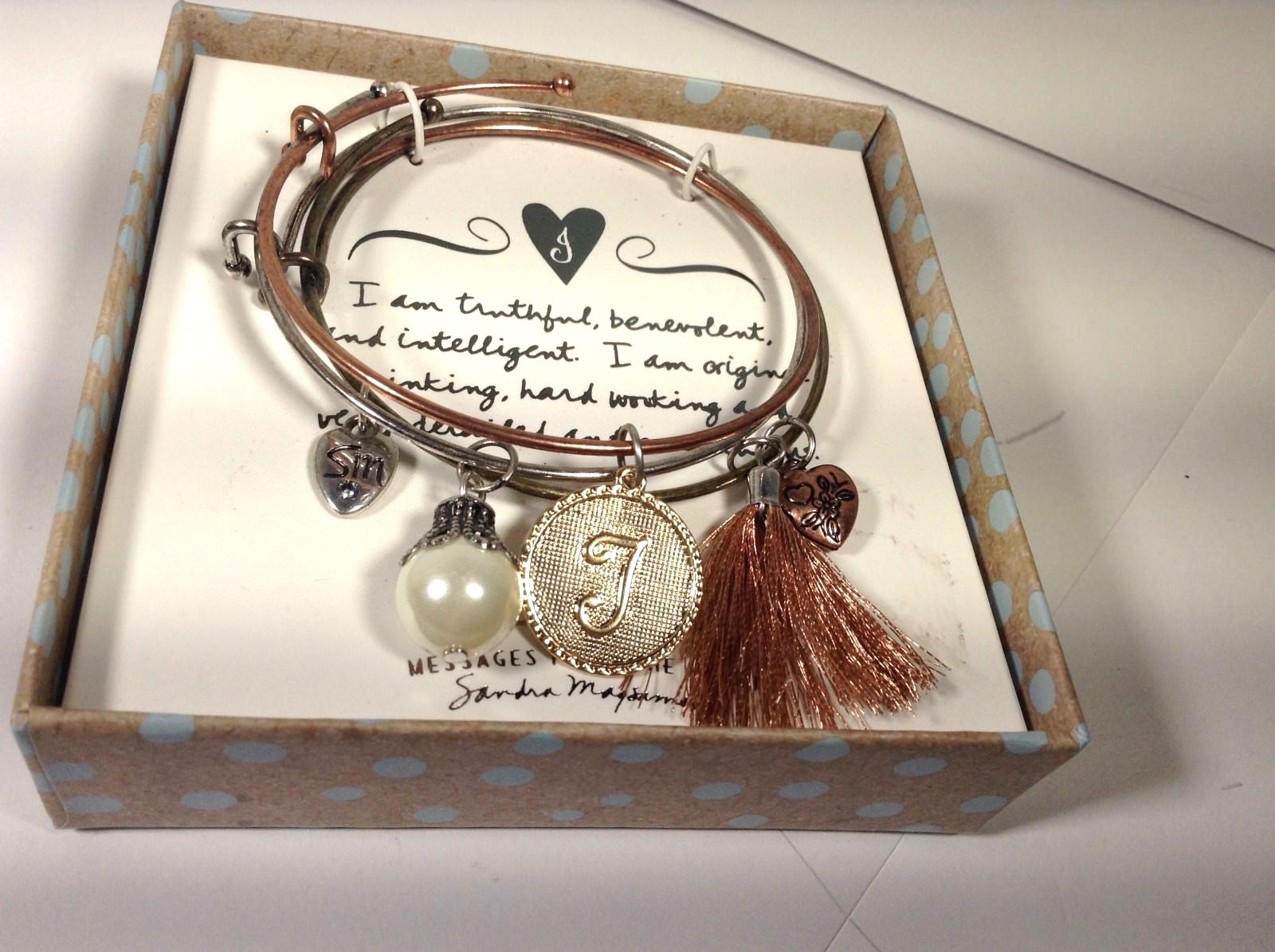 NIB=SANDRA MAGSAME="MESSAGES FROM THE HEART" CHARM BRACELET=INITAL-"J" GIFTBOX