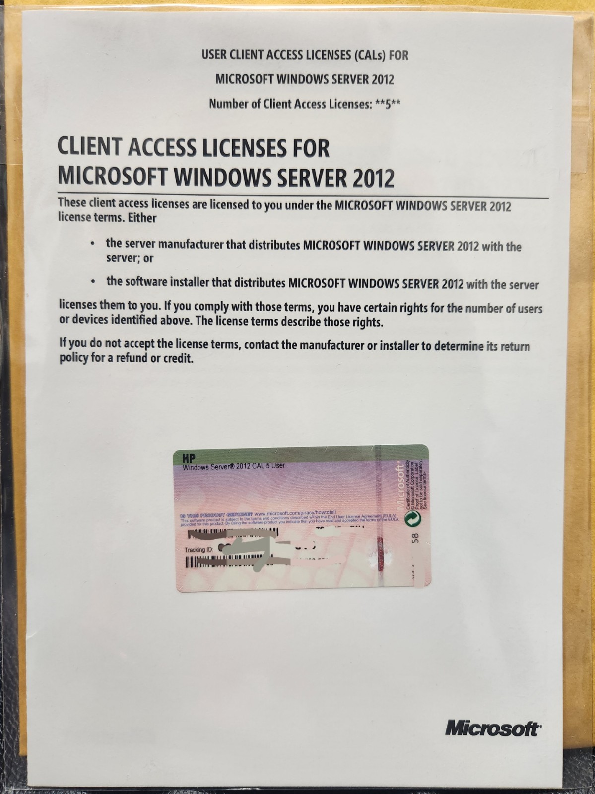 Windows Server 2012 USER CLIENT ACCESS LICENSE WITH TRACKING ID CAL CALs 5 USER