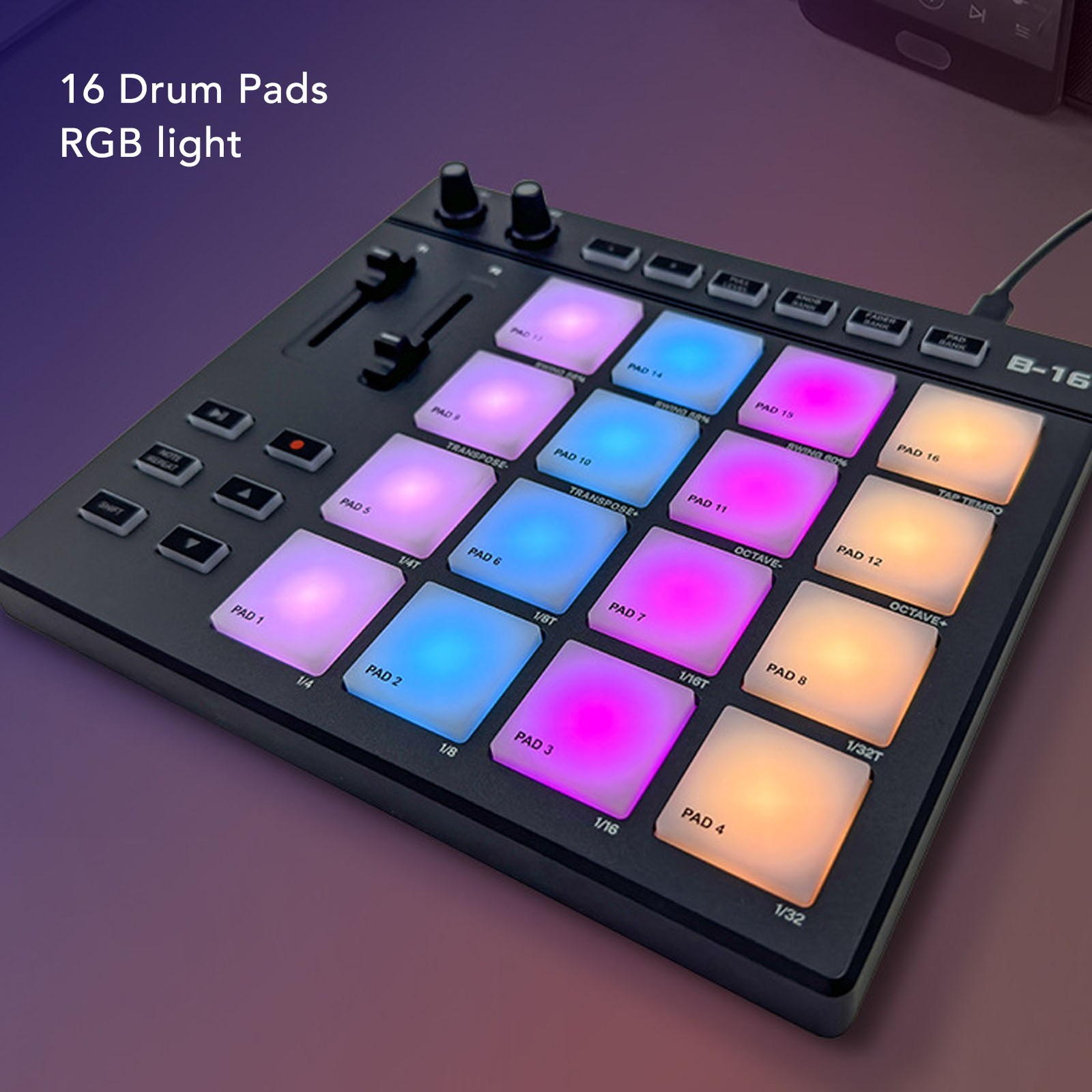 MIDI Controller With 16 Drum Pads 2 Assignable Fader Knobs RGB Portable MIDI