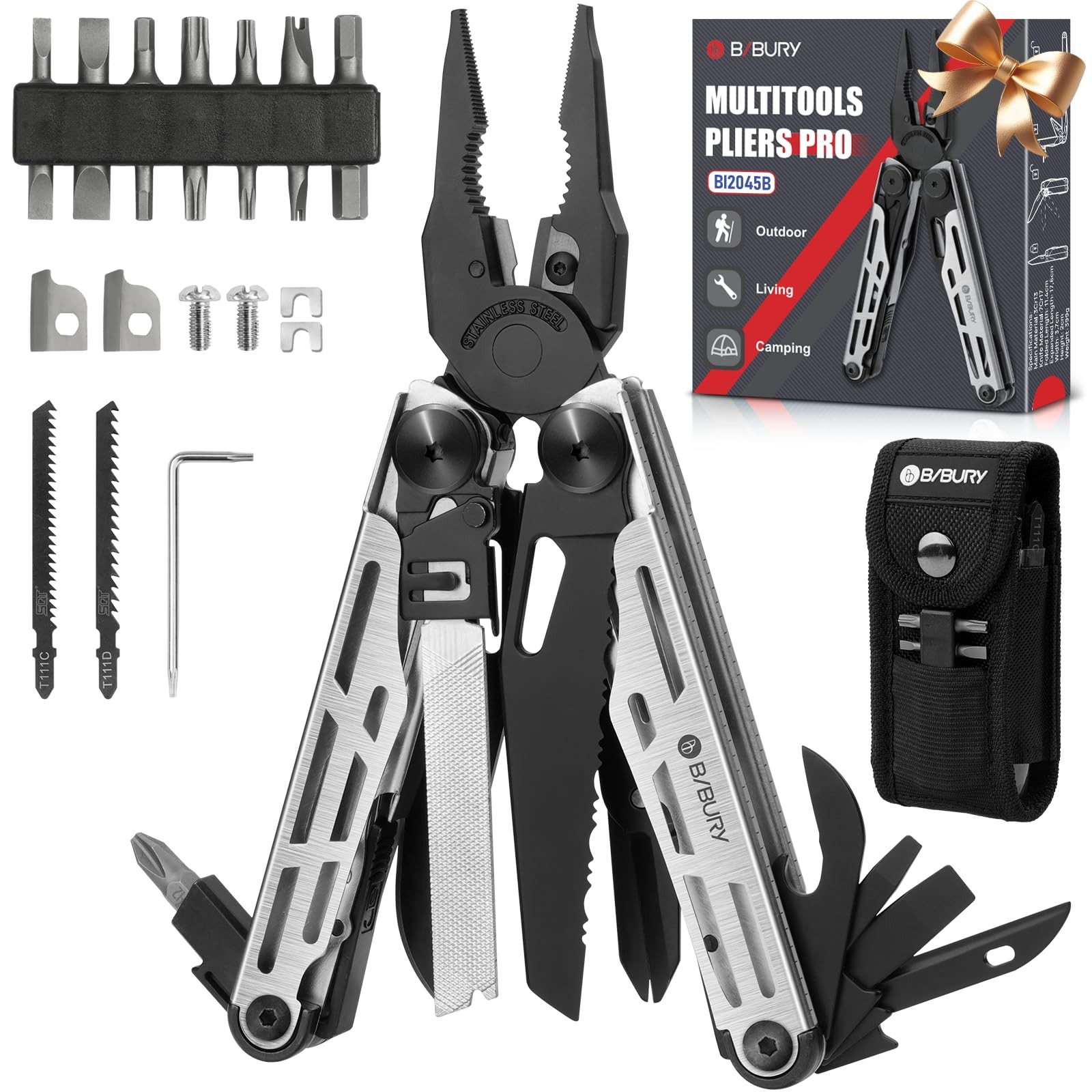 BIBURY Multitool Pliers Pro BI2045, Foldable Multitools with Black
