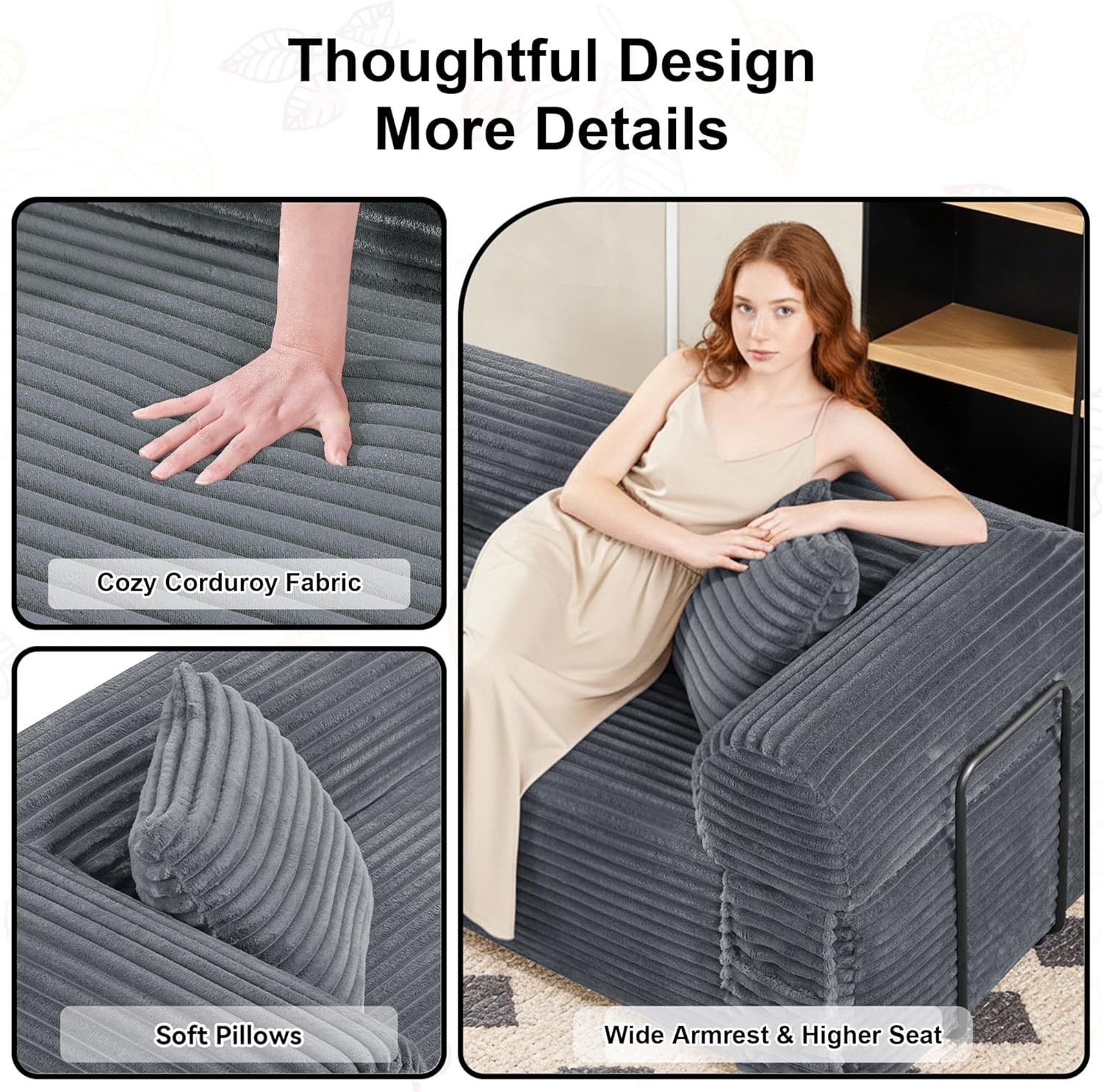 Boneless Convertible Couch Corduroy Sofa with 2 Pillows + Removable Backrest