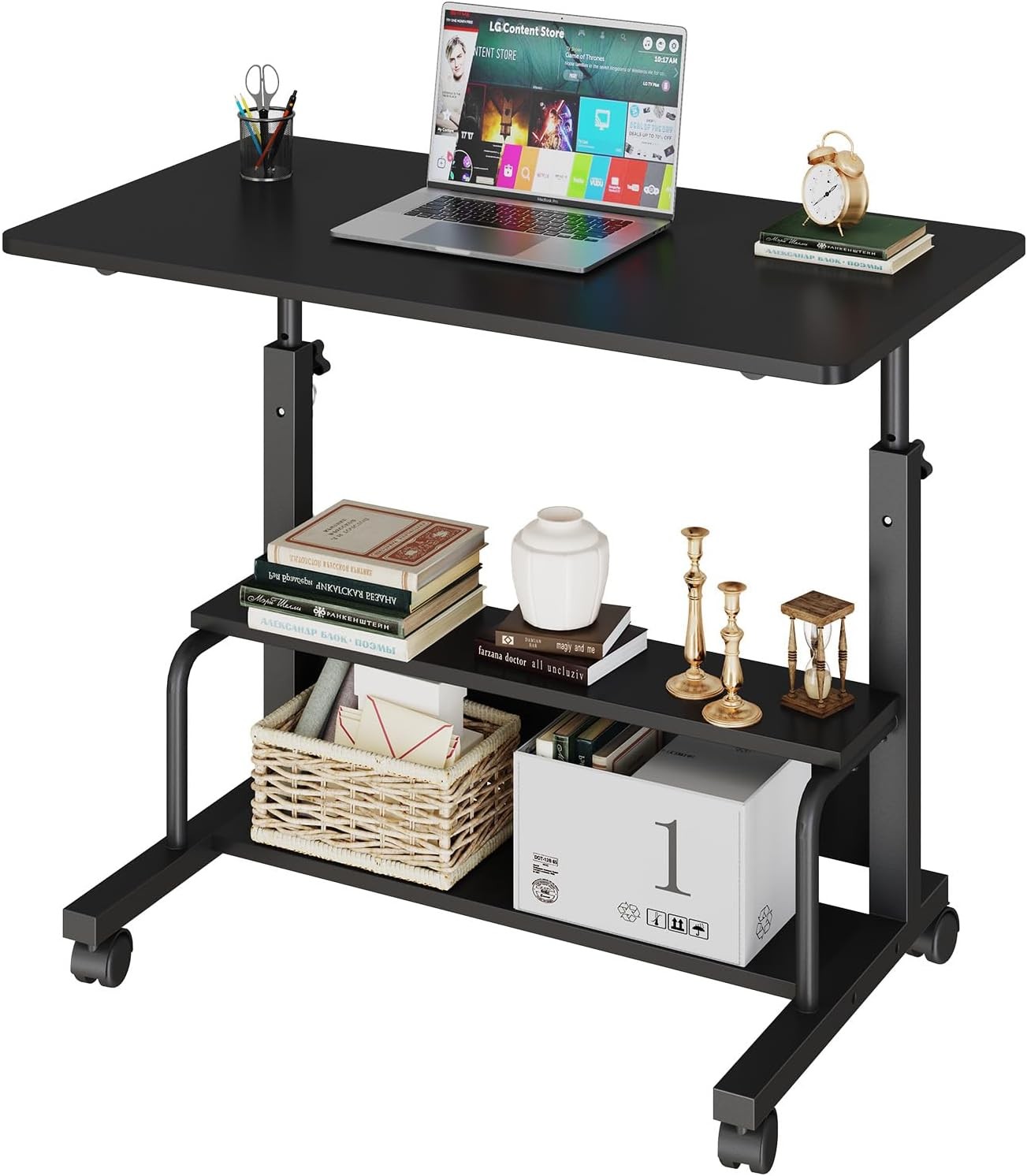 Height Adjustable Bedside Table Rolling Laptop Standing Desk w/2 Tier Storage