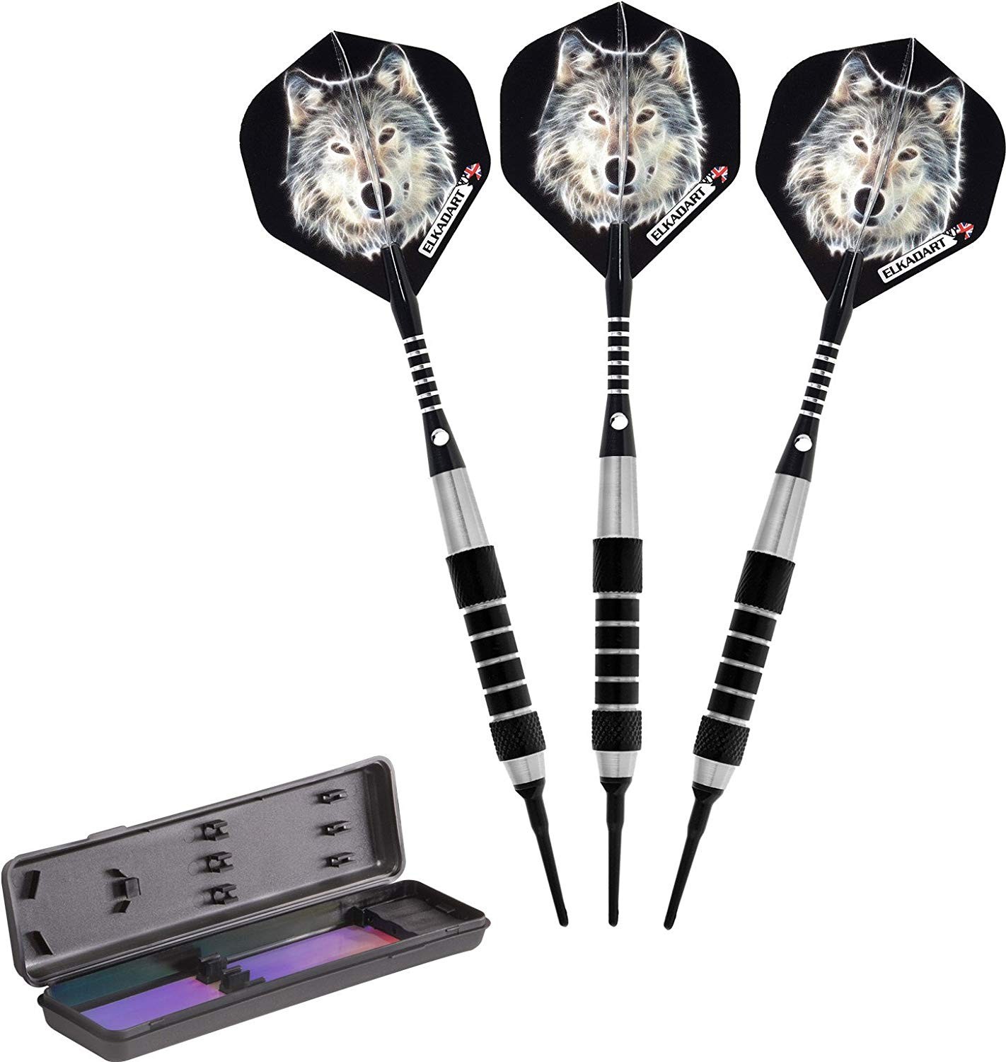 Elkadart Lone Wolf Soft Tip Darts Silver With Black Knurling, 18 Grams