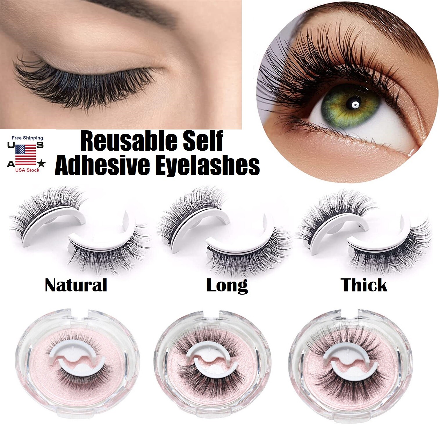 2 Pcs Reusable Self Adhesive Eyelashes Natural 3D Mink Glue-Free False Eyelashes