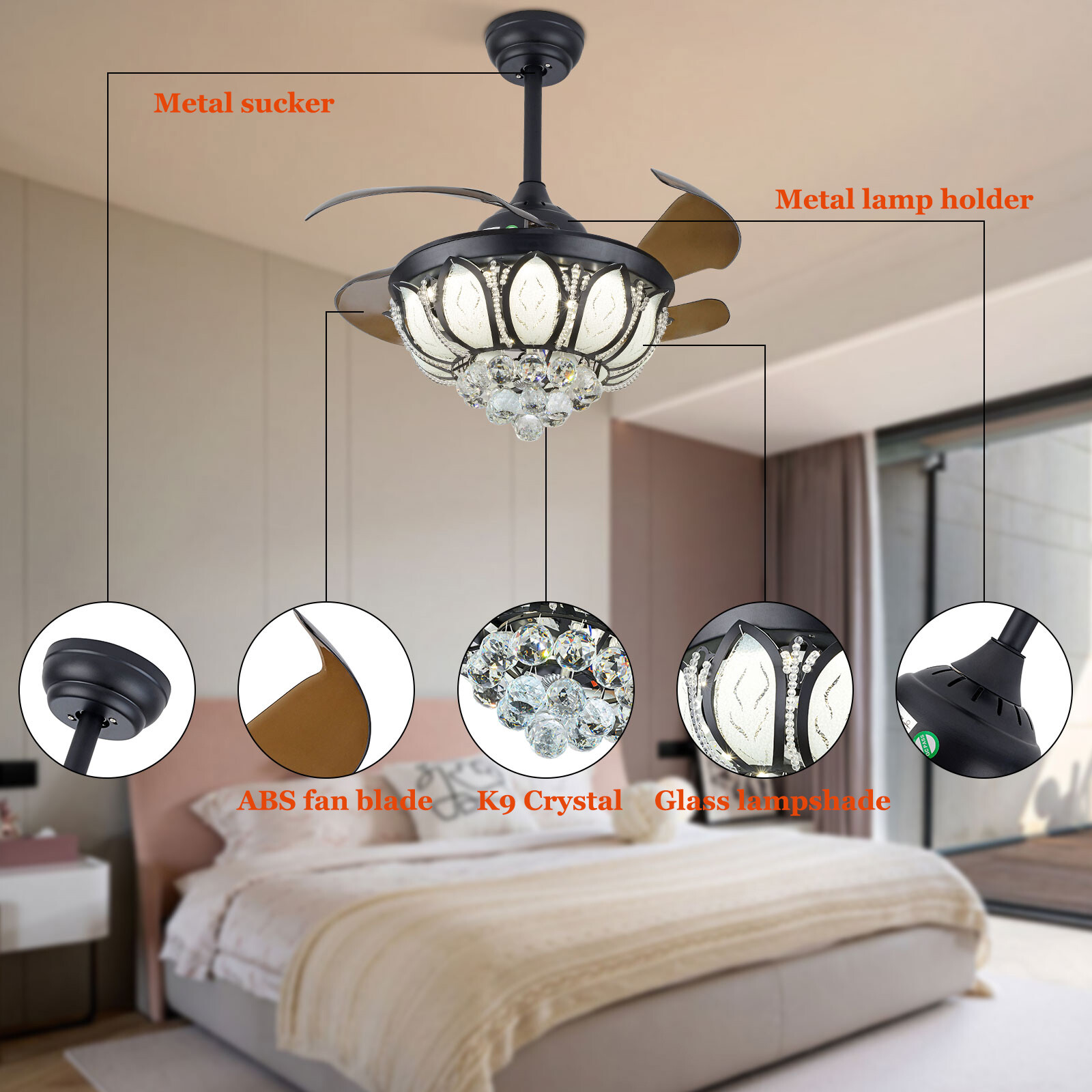 Modern Invisible Ceiling Fan Light Dimmable Lamp W/Remote LED Crystal Chandelier