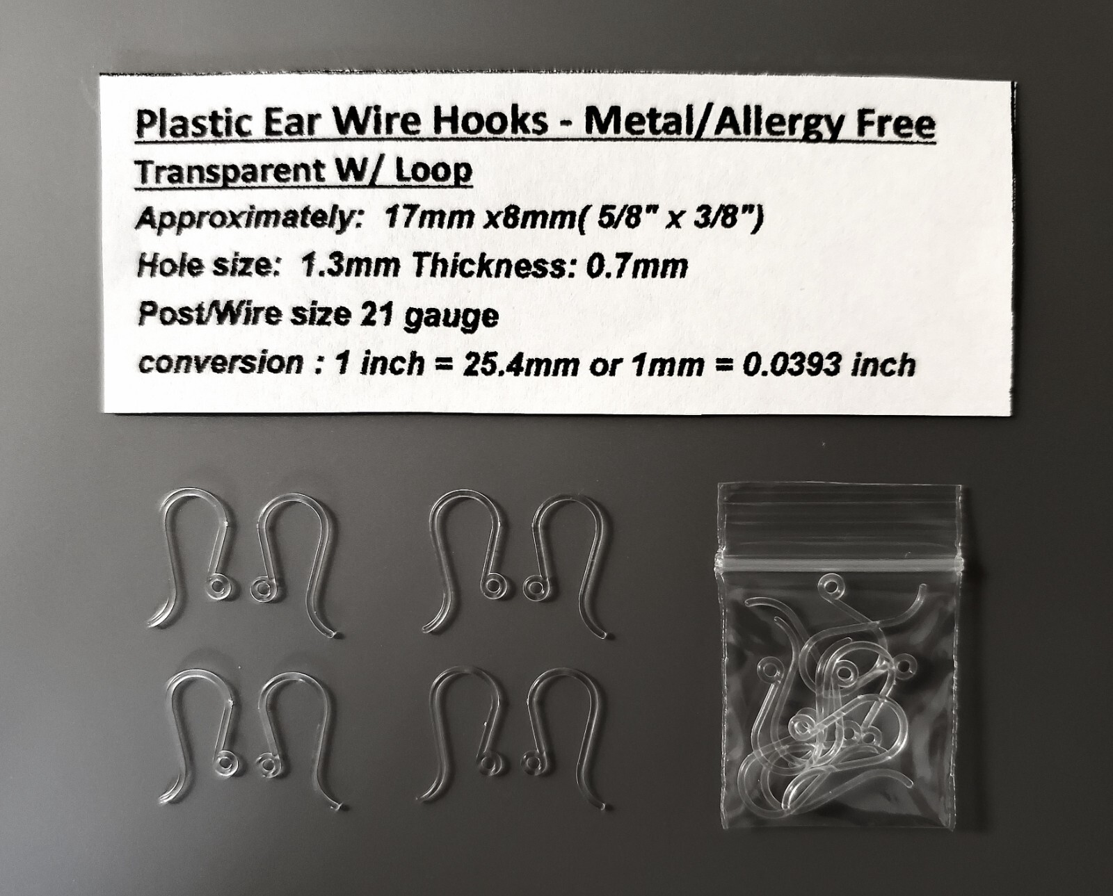 Rare 17mm- Plastic Ear Wire Hooks -Hypoallergenic Metal Free -Hook Wire Earrings