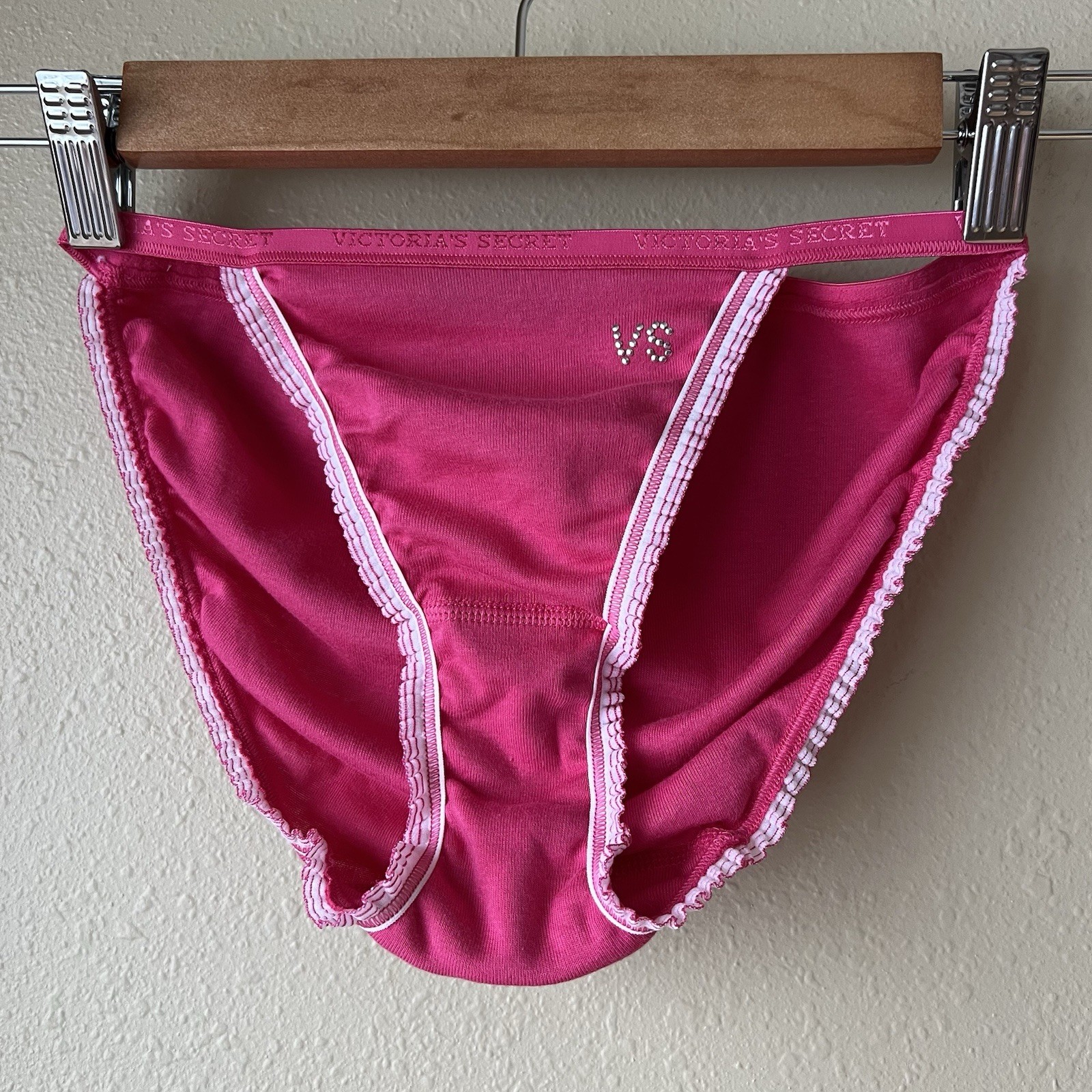 Y2K Victoria's Secret String Bikini Panties Size M VTG Pink 100% Cotton Ruffle