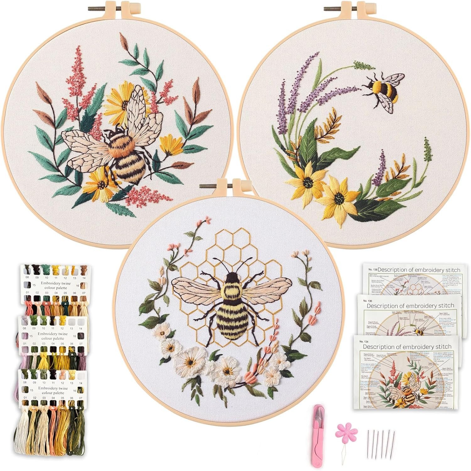 Embroidery kit for Adults, 3-Piece Bee and Butterfly Floral Designs, Including T