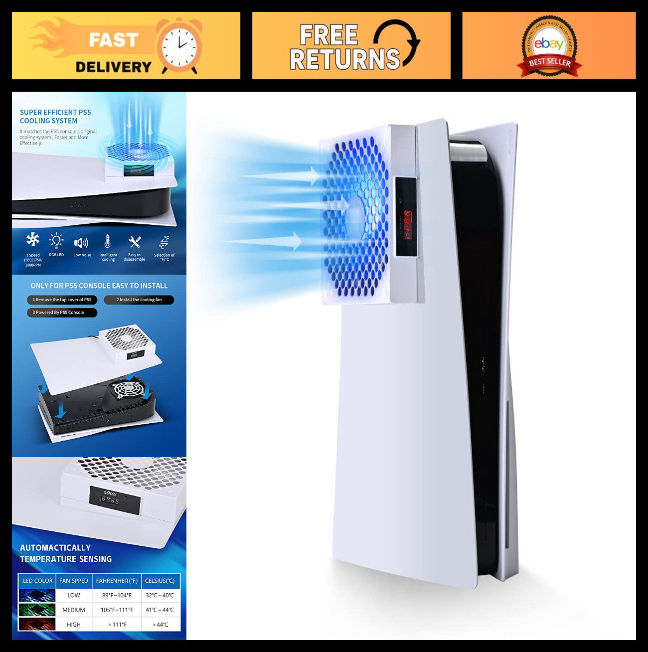 PS5 Cooling Fan System - Automatic Temp Control, Low Noise, 3 Speed RGB LED
