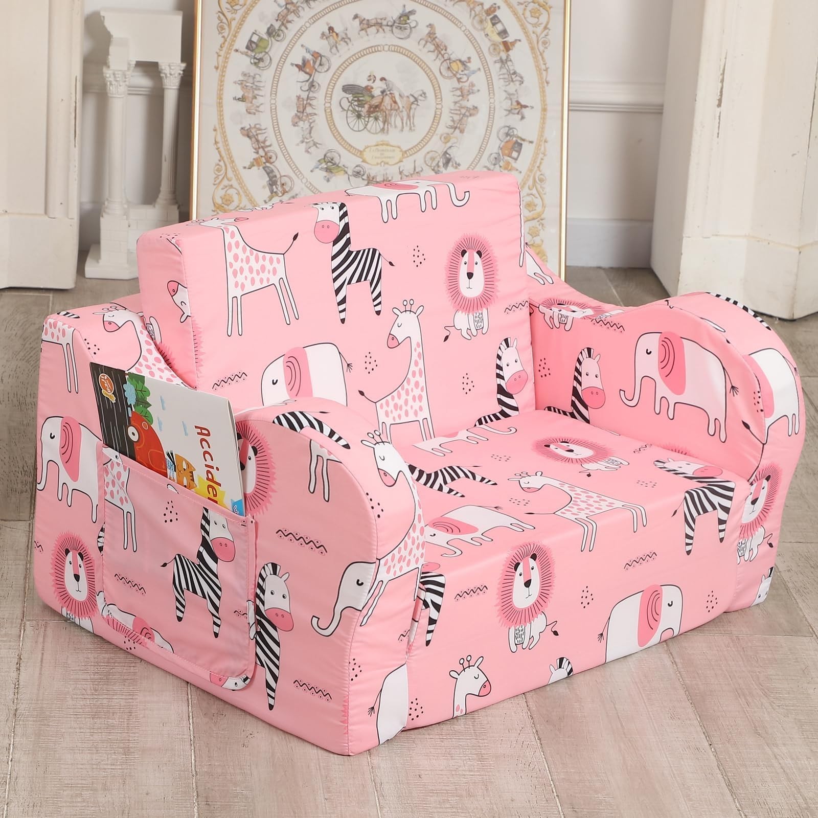Kids Sofa, 2-in-1 Flip-Out Foam Couch, Foldable Soft Play Lounge Chair, Pink