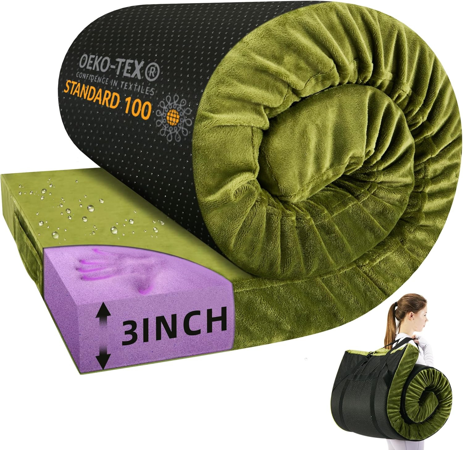 BDEUS Memory Foam Camping Mattress Pad 3Inch Cot Size Waterproof Roll up Bed Sle