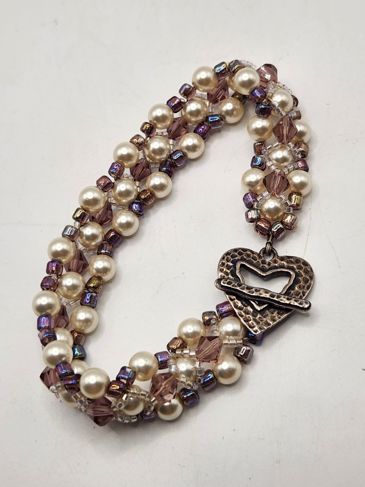 Handmade Pearl Crystal Beaded Bracelet Heart Toggle Mauve AB Glass Artisan