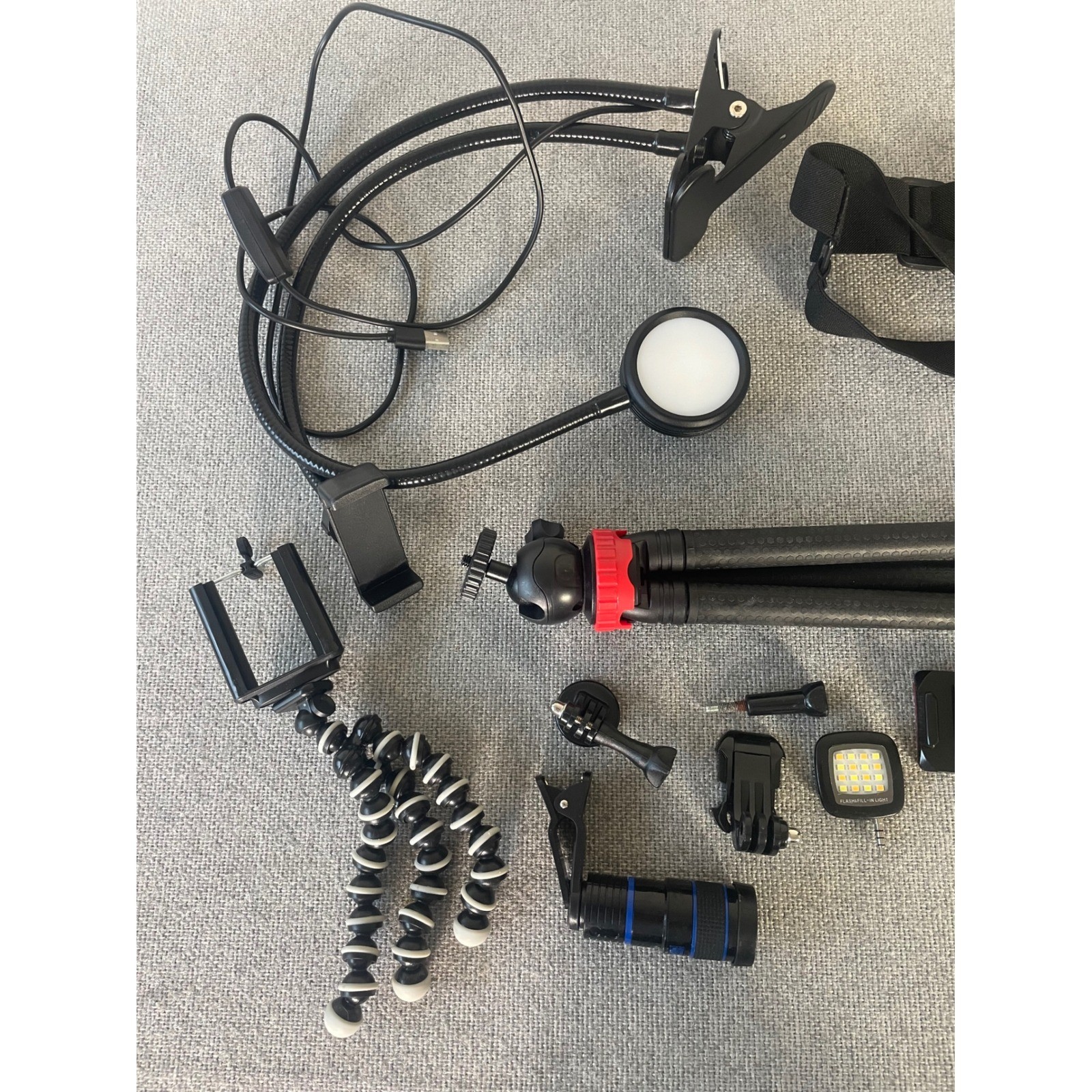 Action Camera Accessory Lot Chest Mount Mini Tripod LED Ring Light Suction Cup