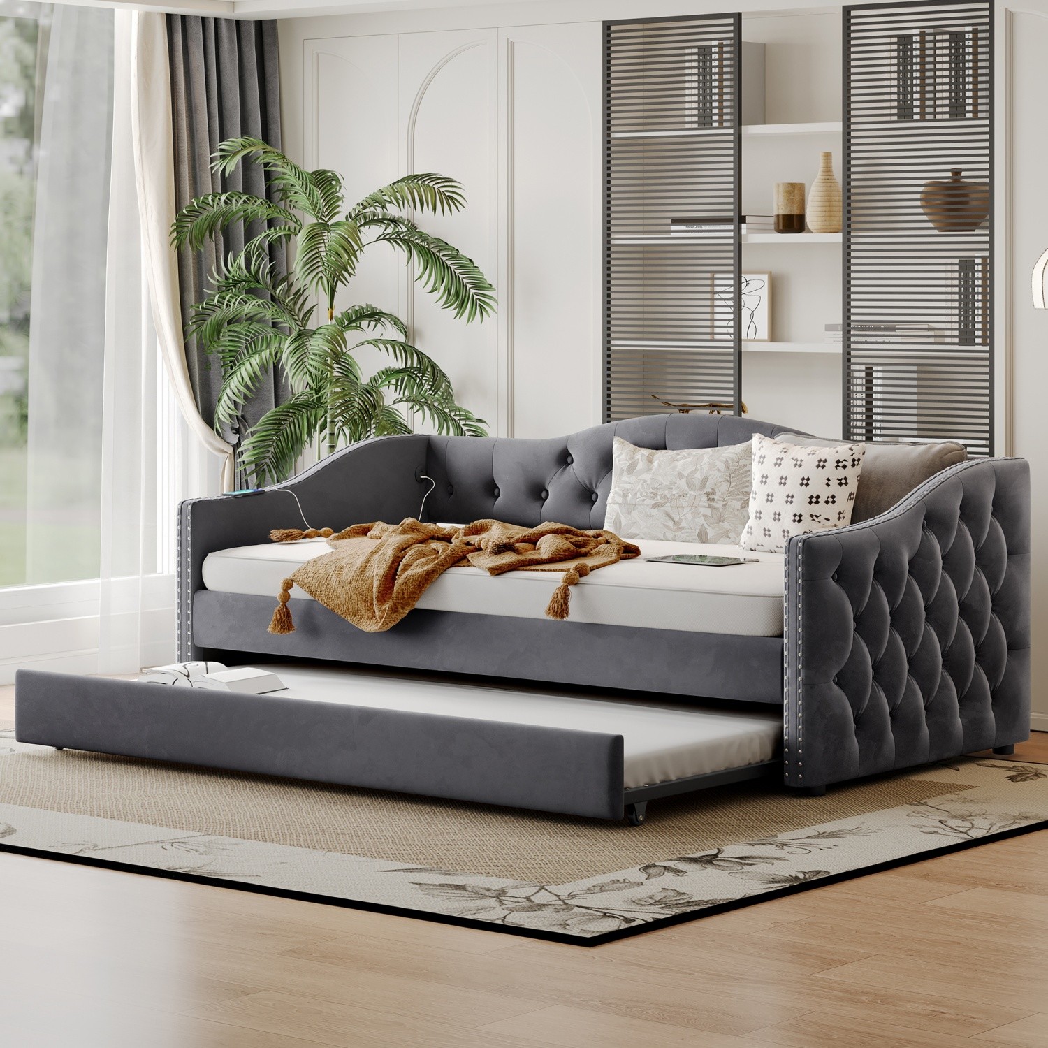 Twin Size Daybed Upholstered Bed Frame Sofa Bed w/ Trundle Bed & USB Ports Gray