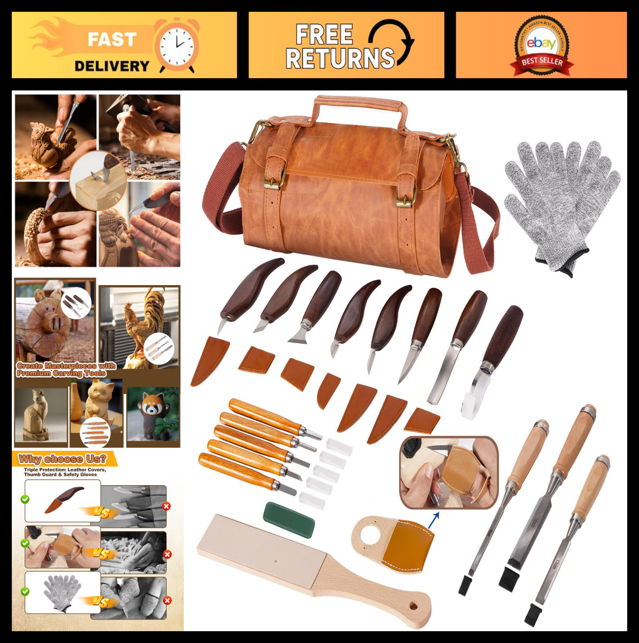 28-Piece Wood Carving Tools Set - Ergonomic Handles, High-Carbon Steel Blades, W
