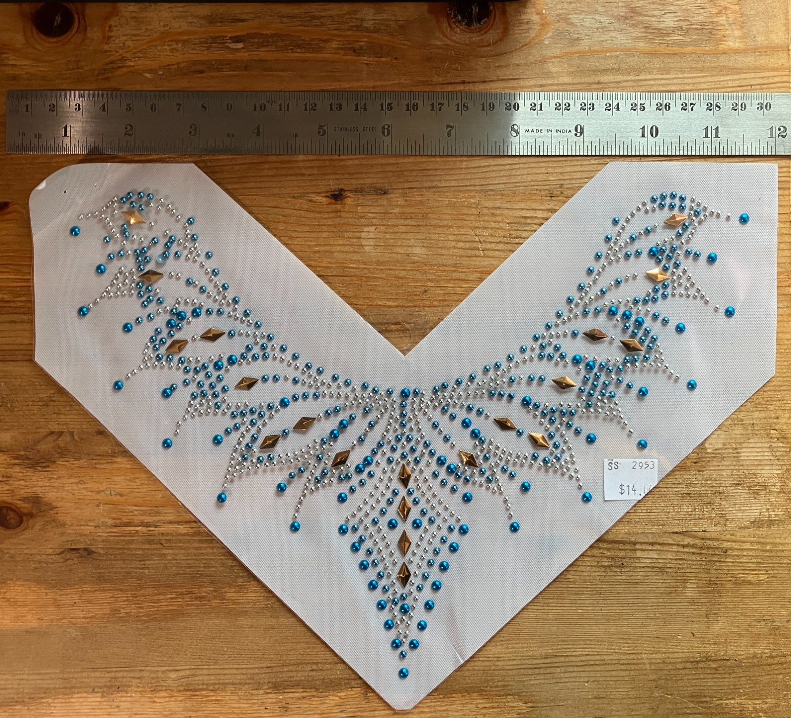 Iron-On Applique Sparkle Gold Teal Neckline Crystal Metal