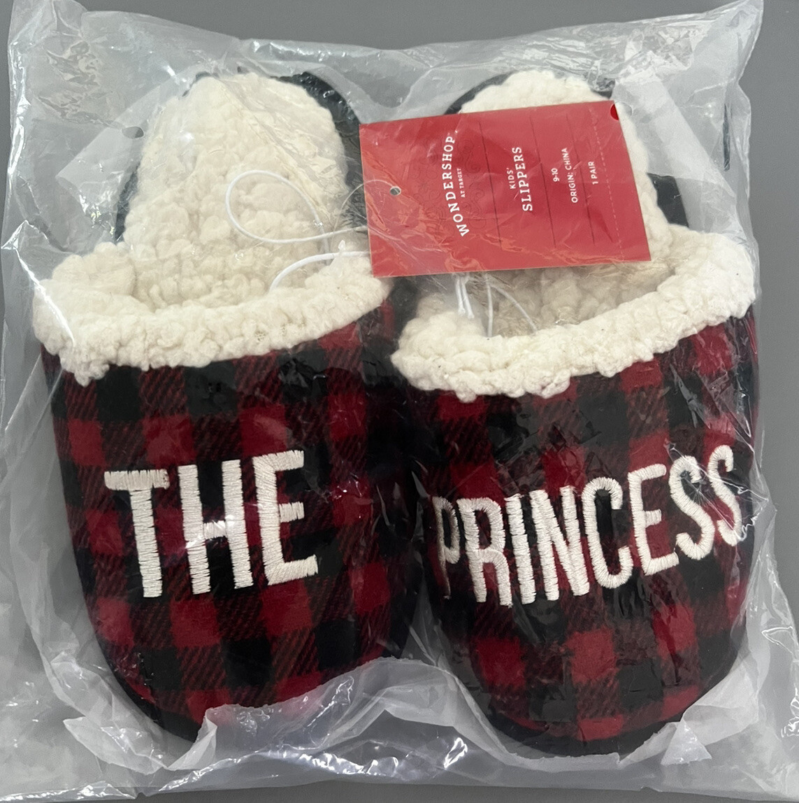 Girls Slippers House Shoes The Princess Red Black Plaid Size 9-10 Kids NEW