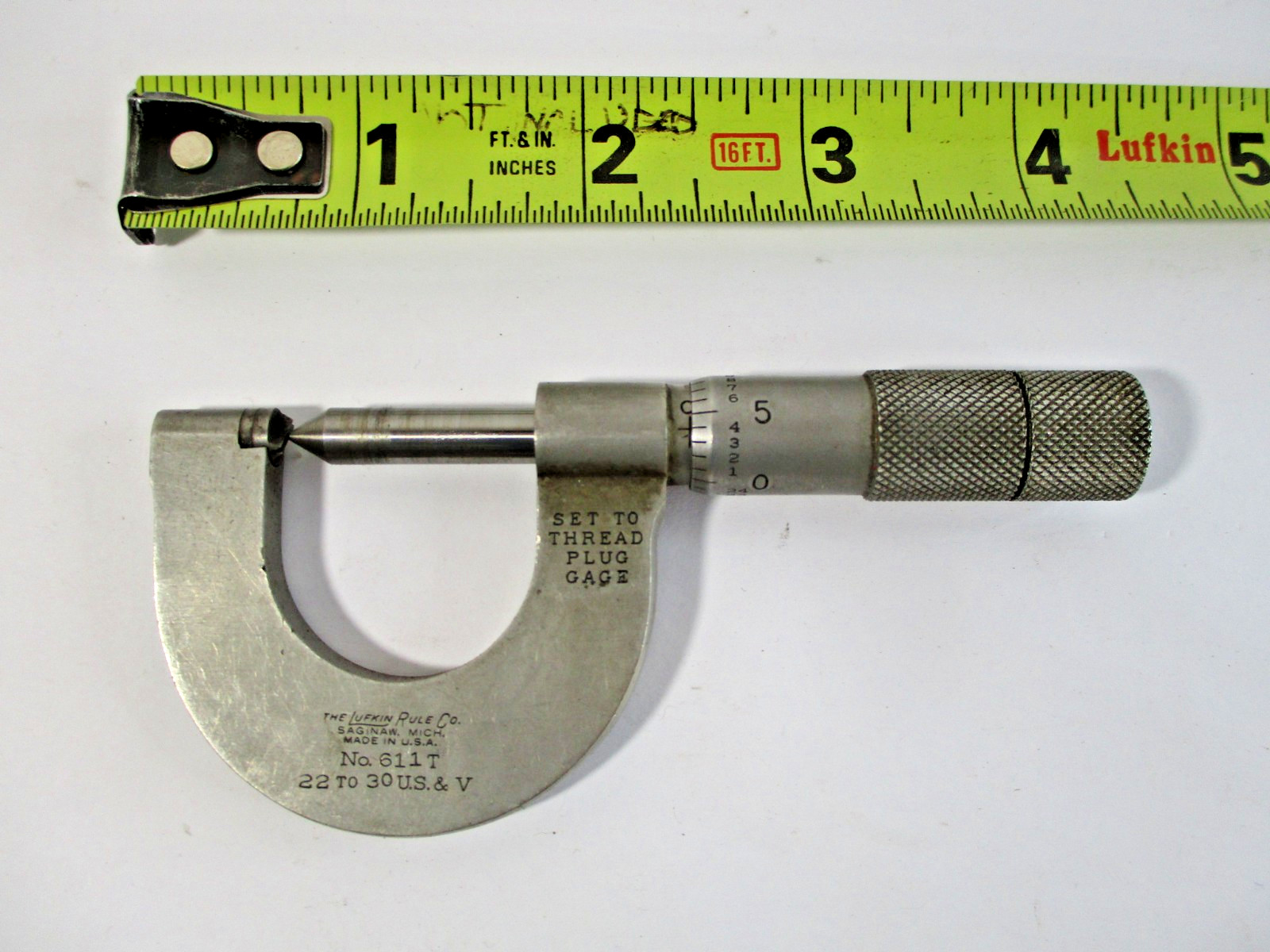 LUFKIN RULE Co # 611T Thread Pitch Micrometer 0" - 1" x .001" Off .0005" in VGC
