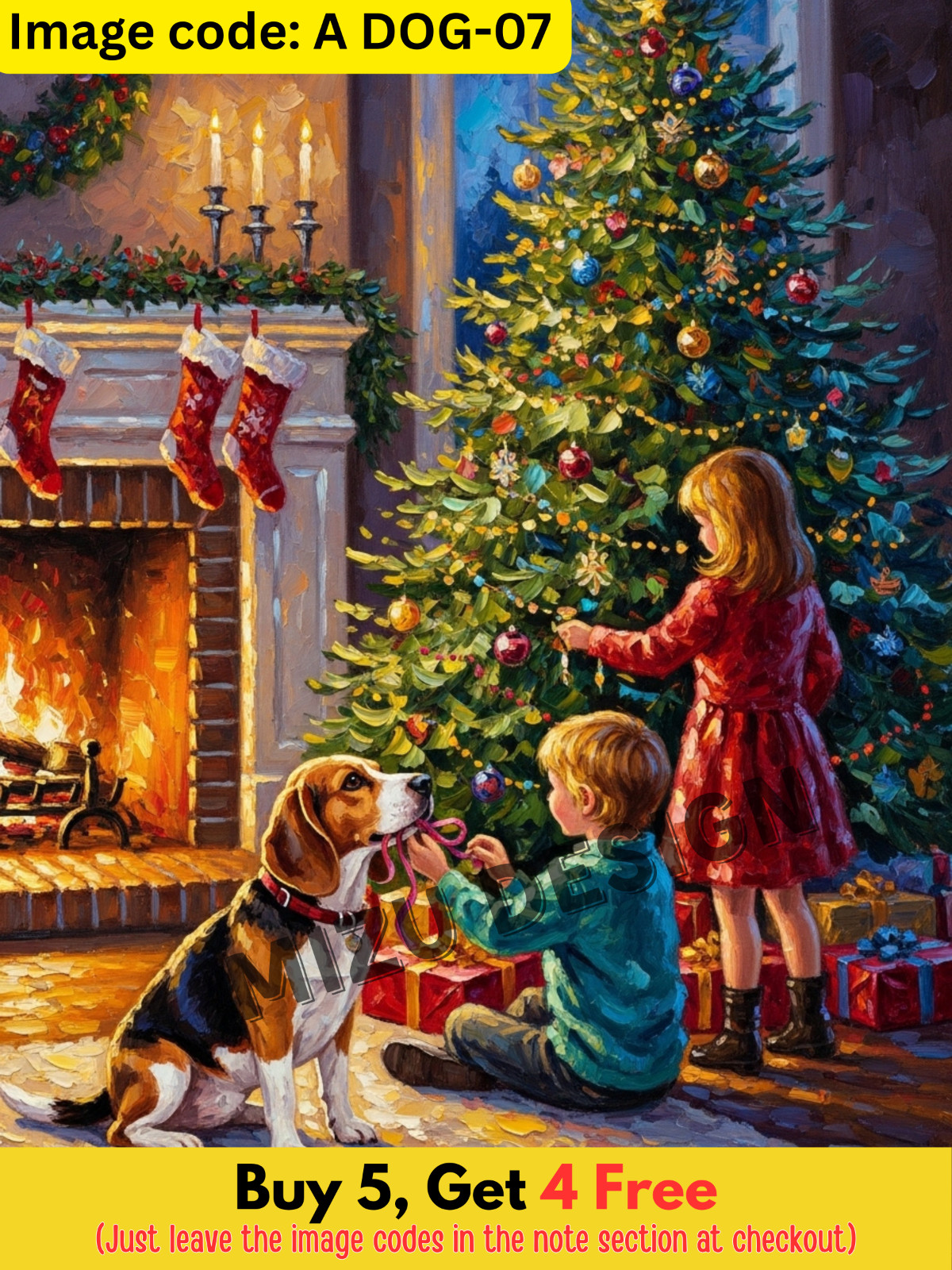 Cute Beagle and Kids Christmas Oil Painting – Holiday  Art – Digital Download