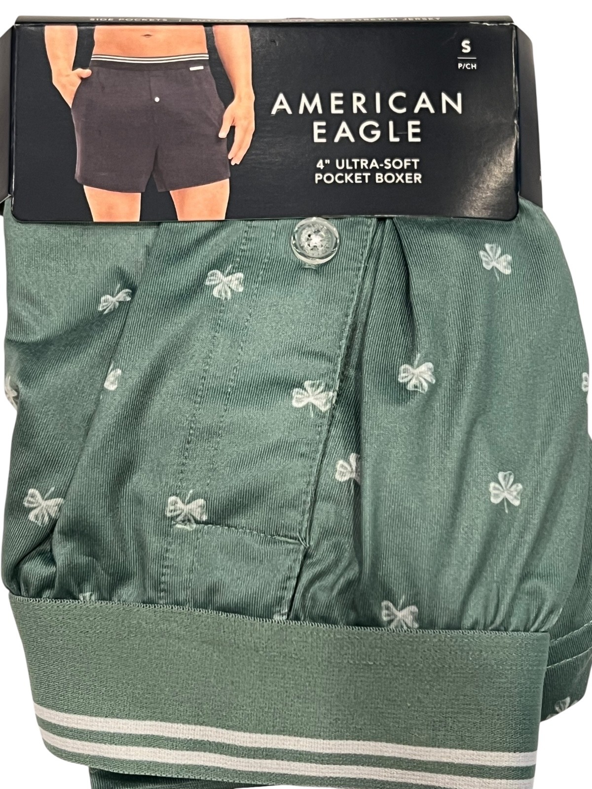 NWT AMERICAN EAGLE 4" Ultra Soft Pocket Boxer Sz XS-S-L-XL Green Shamrocks #27