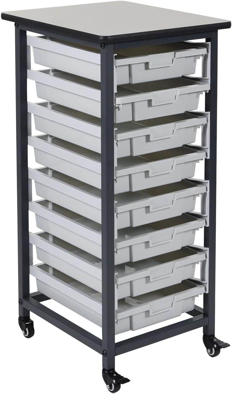LUXOR MBS-SR-8S Mobile Bin Storage Unit - Single Row with Small Gray Bins