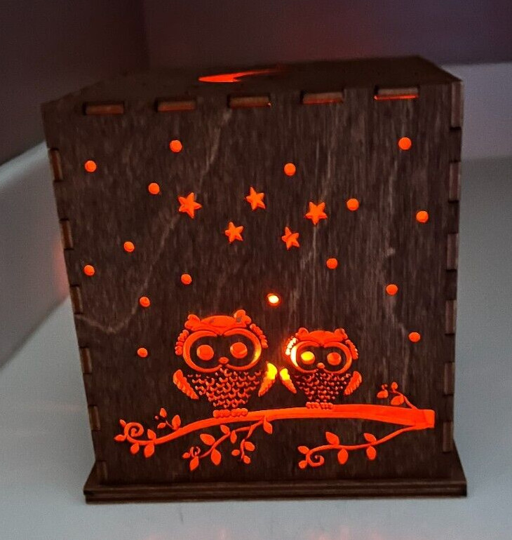 Folk Art Luminary Brown Owls Stars Wooden Doles Orchard 5” USA