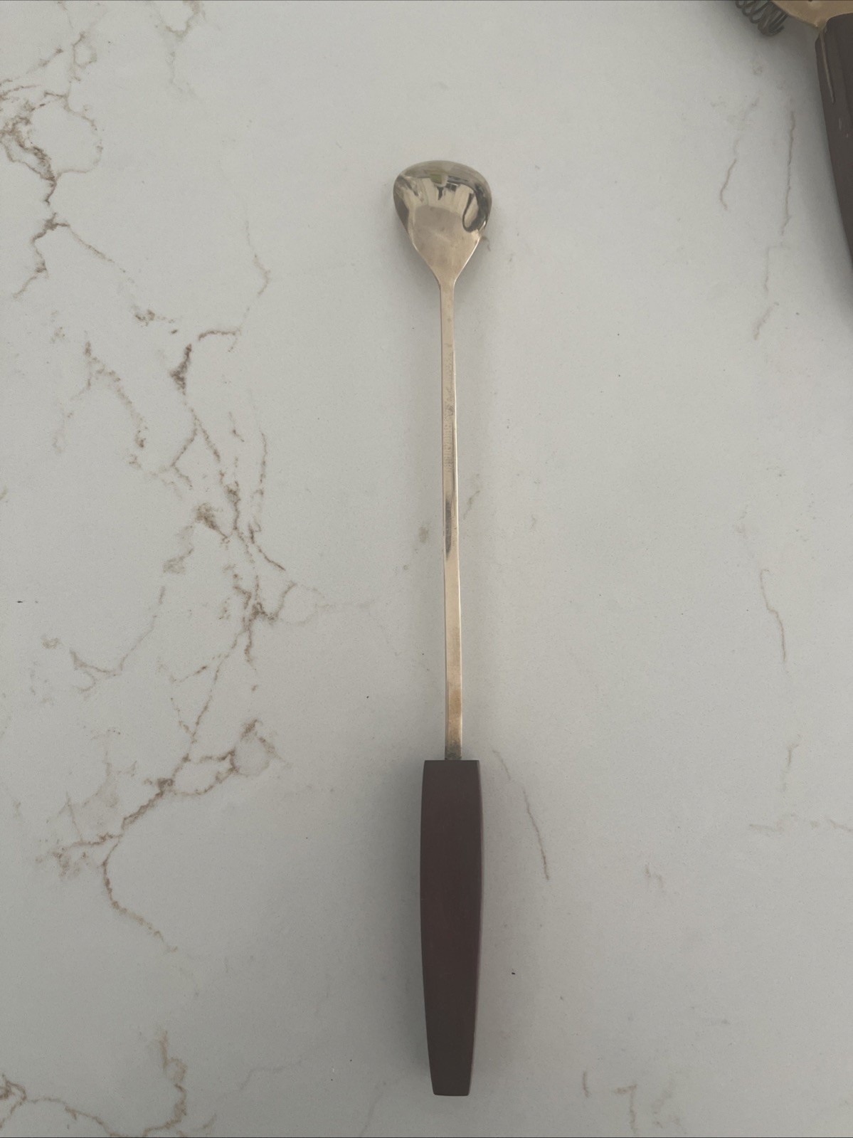 Vintage MCM 4 Piece Brass And Wood Bar Tool Set