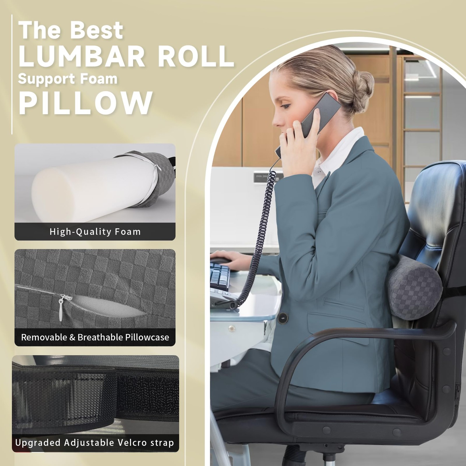 Lumbar Roll Pillow for Lower Back, Support Short-11*4.3'', Light Grey