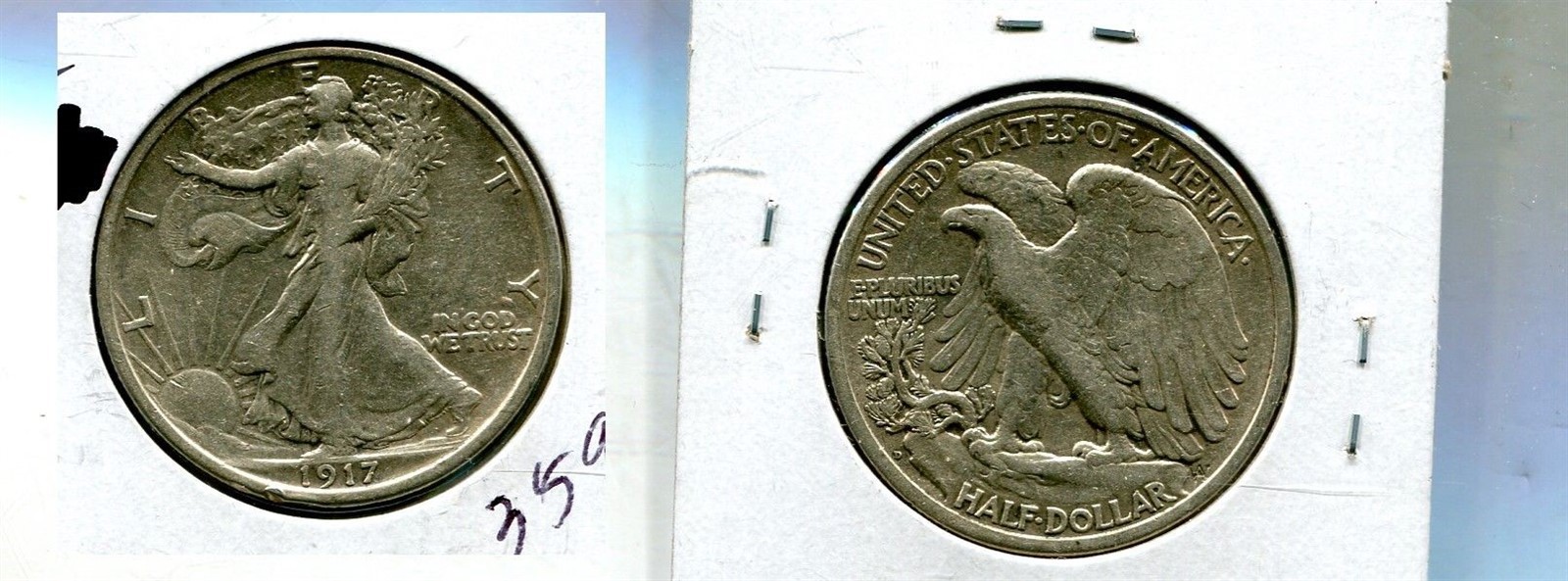 1917 D REVERSE WALKING LIBERTY SILVER HALF DOLLAR AU 3598T