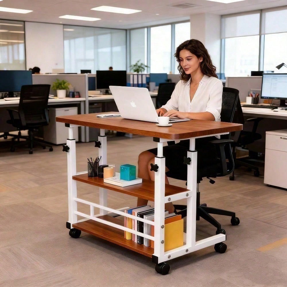 3-Layer Portable Rolling Standing Desk Adjustable Height Small Spaces Bedroom