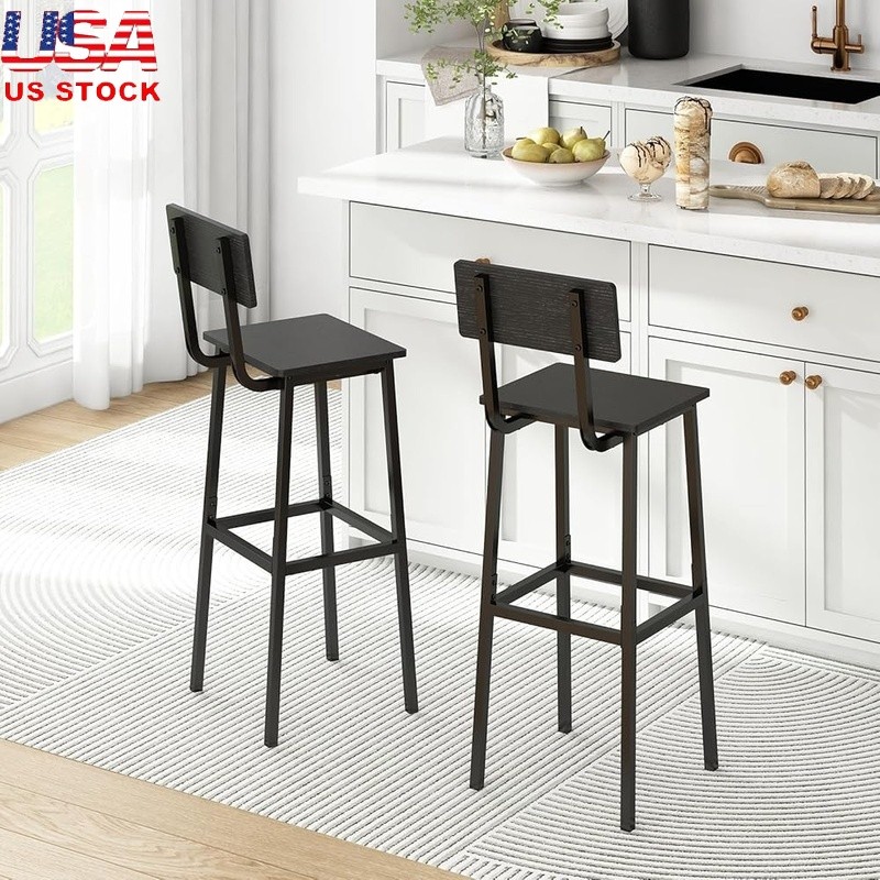 Industrial Bar Stools Set W/ Backrest Footrest Sturdy Metal Frame Kitchen New