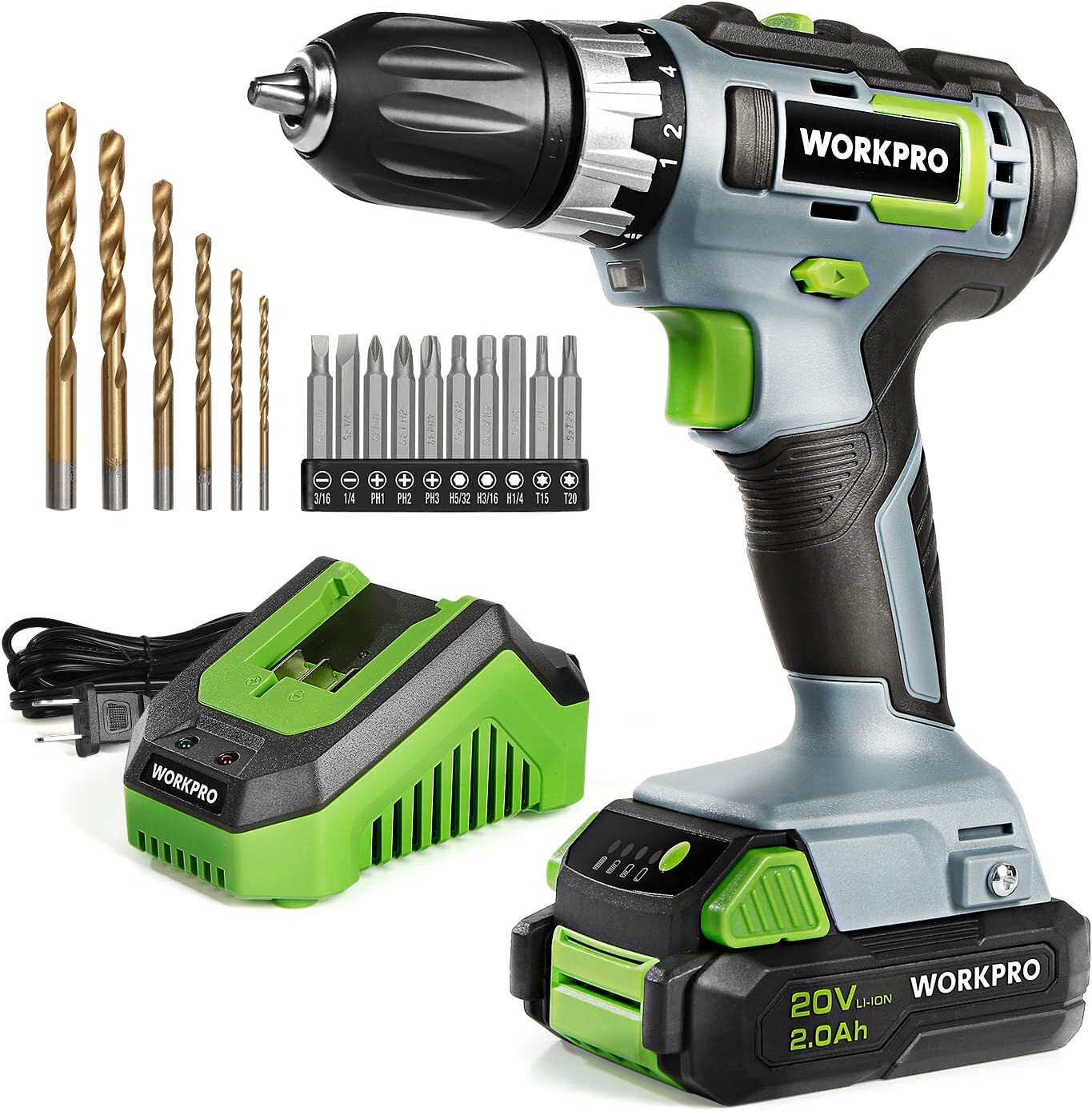 WORKPRO 20V Cordless Drill/Driver Kit 3/8''2.0 Ah Li-ion Battery&1 Hour Charger