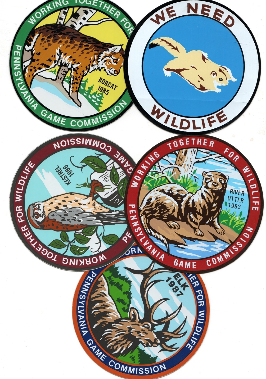 1980-1987 PA GAME COMM WORKING TOGETHER FOR WILDLIFE 5 DIFFERENT ORGINAL DECALS