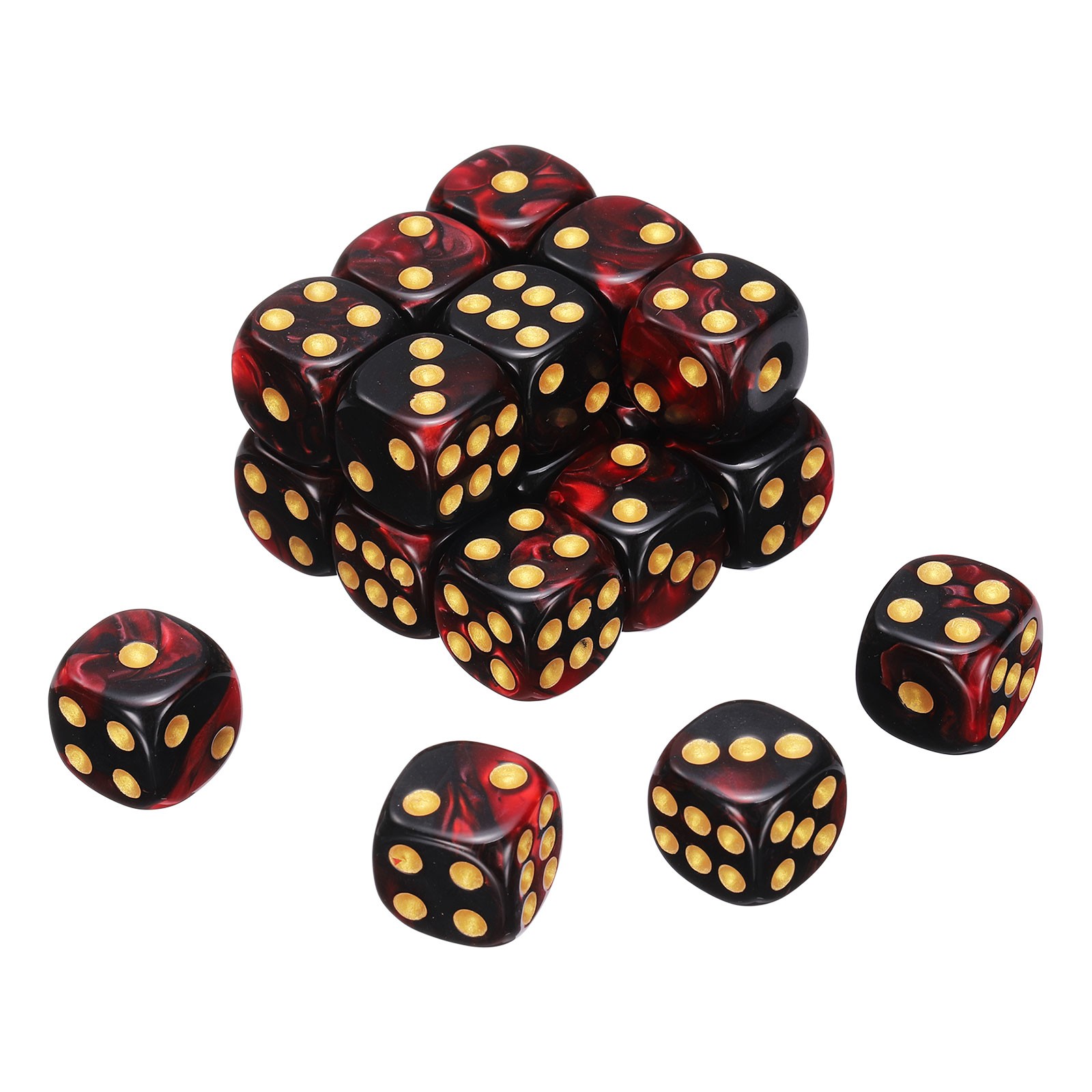 24Pcs 6 Sided Colored Standard Dice, Acrylic D6 Mini Game Dice, Black/Red, Gold