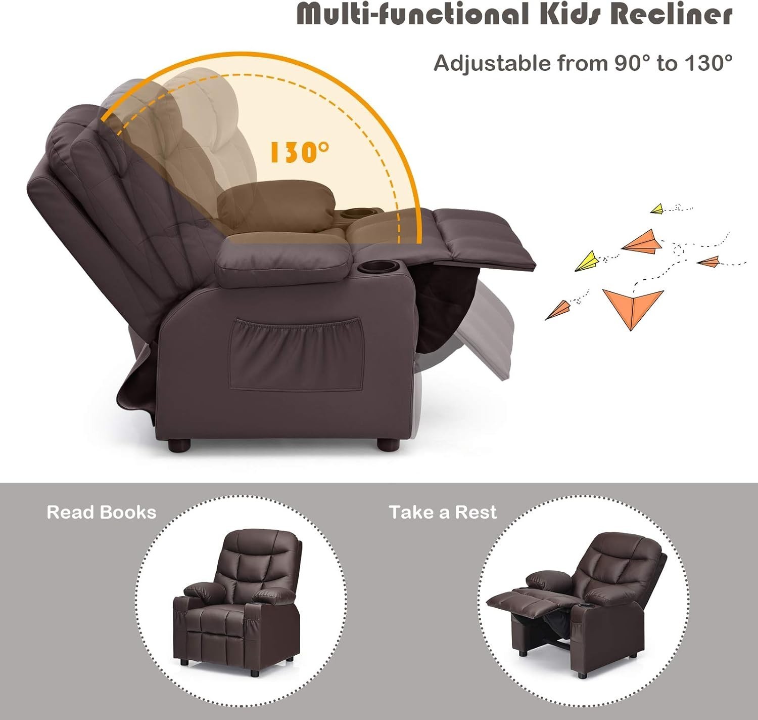 Kids Recliner Chair with Cup Holder, Adjustable Leather Lounge Chair w/Footre...