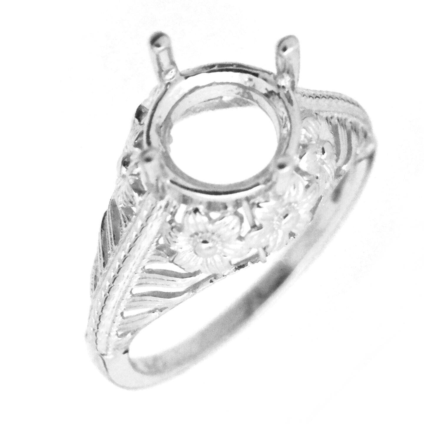 Sterling Silver Semi Mount Ring Setting Round RD 8x8mm Art Deco Style