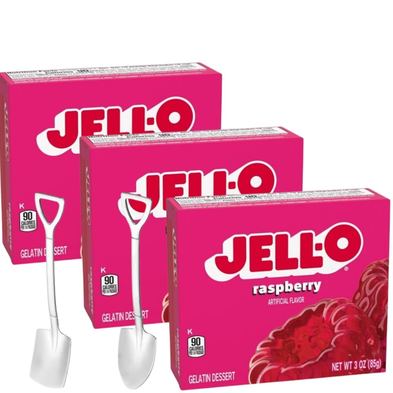Jell-O Gelatin Dessert Mix 3oz w/ Mini Shovel Spoons (Raspberry)