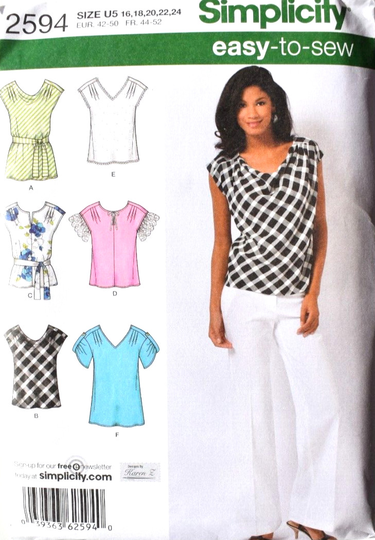 SIMPLICITY PATTERN 2594  TOPS BELT  MISSES SIZES  16 18 20 22 24   UNCUT  FF