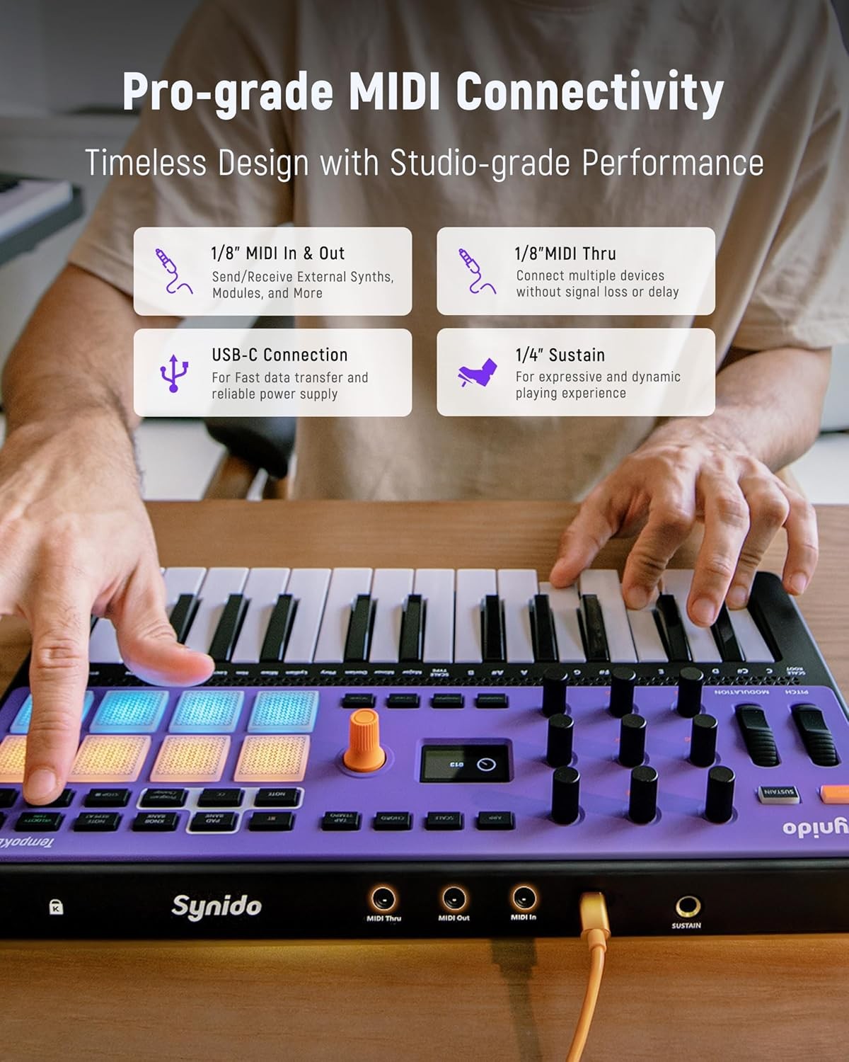 US Synido USB C Rechargeable MIDI Controller Keyboard 25 Keys TempoKEY W25