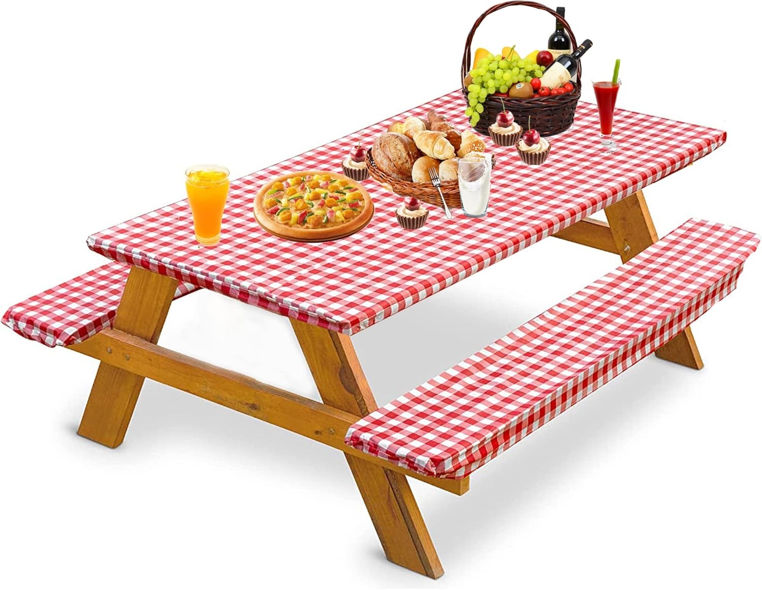 Picnic Table Covers with Bench Cover, 3 Pack Fitted Vinyl Tablecloth 96x30 Inch