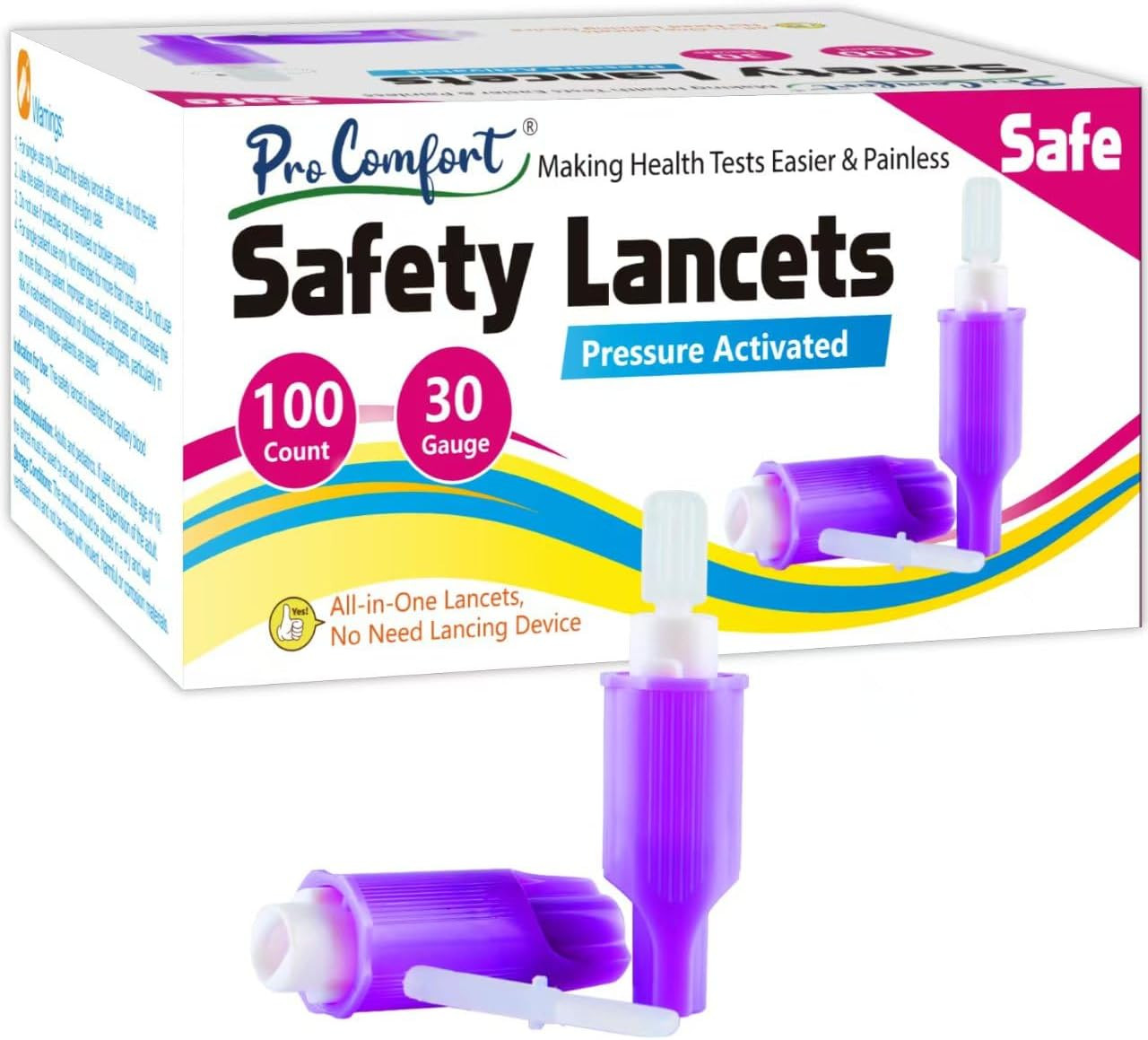 Safety Lancets for Diabetes Testing [100 Count] 30 Gauge 1.8 Mm All-In-One Press